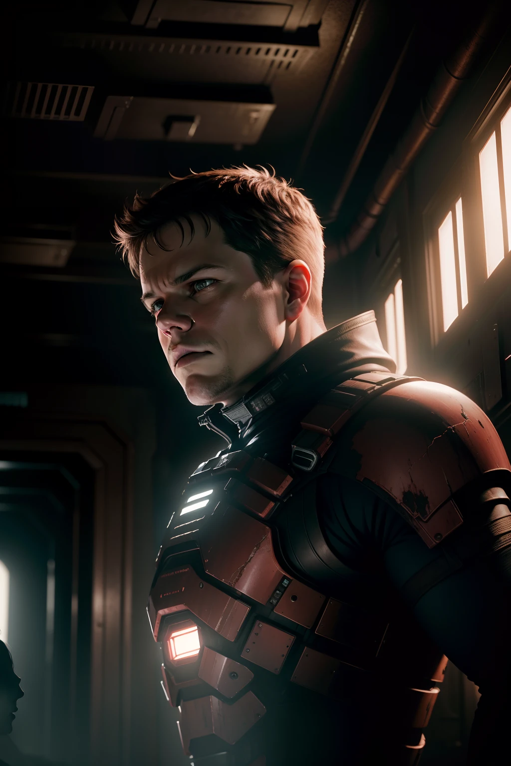 Sci Fi Horror Dead Space Matt Damon and Amy Adams on Ishimura Haunted Ship photography, natural light, photorealism, cinematic rendering, ray tracing, the highest quality, the highest detail, Cinematic, Third-Person View, Blur Effect, Long Exposure, 8K, Ultra-HD, Natural Lighting, Moody Lighting, Cinematic Lighting red spooky lighting