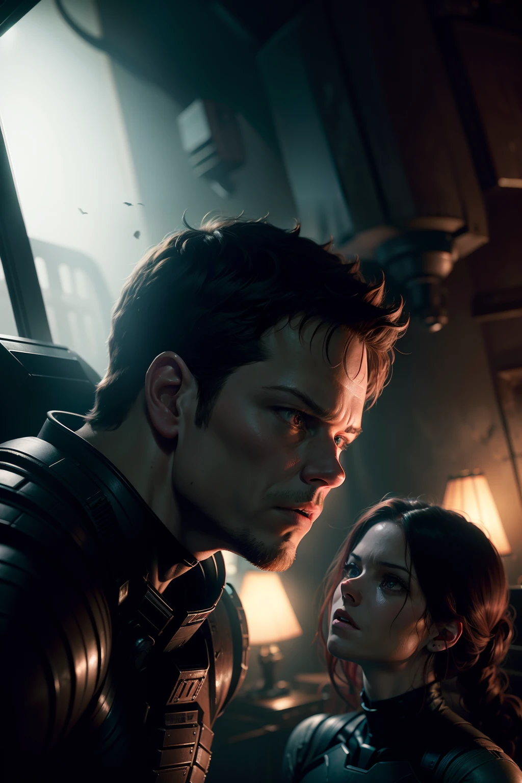 Sci Fi Horror Dead Space Matt Damon and Amy Adams on Ishimura Haunted Ship photography, natural light, photorealism, cinematic rendering, ray tracing, the highest quality, the highest detail, Cinematic, Third-Person View, Blur Effect, Long Exposure, 8K, Ultra-HD, Natural Lighting, Moody Lighting, Cinematic Lighting red spooky lighting