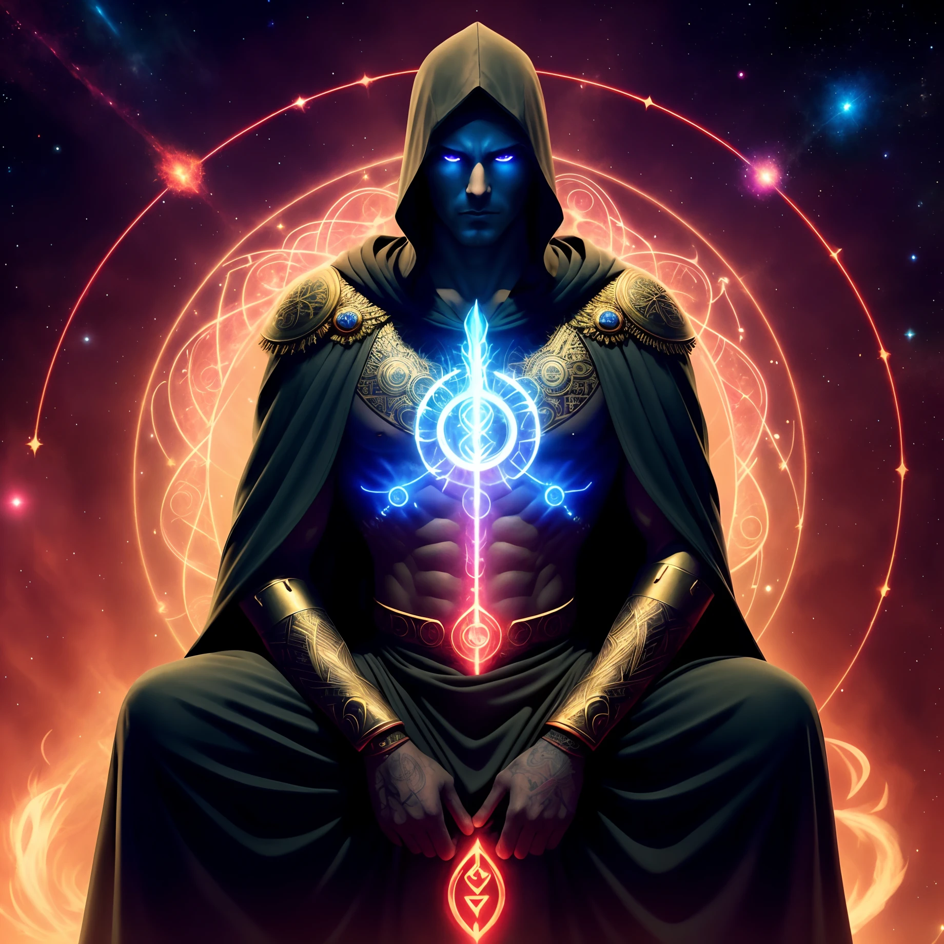 Full body Illustration of (a ((multiple-arm)) demiurge god, he has glowing red tattooed glyphs all over his naked muscular chest, glowing dark blue skin, he wears lich golden and black robes and cloak, mysterious face, evil, cosmic background, meditation pose, ((extra arms))) by Wlop and Artgerm, highres, octane rendered, centered, intricate, masterpiece, cosmic supernovas on the background