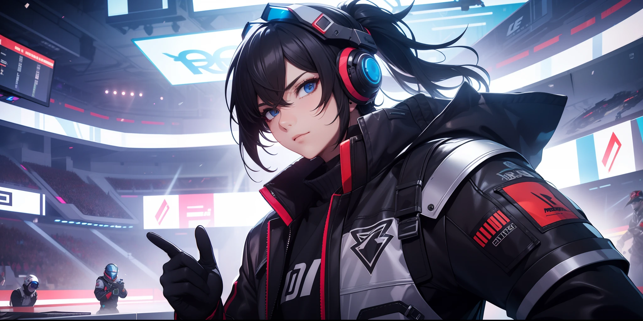 tmasterpiece，best qualtiy），Male esports player，Squads，final，Esports event trophies，Urban construction，cyber punk perssonage