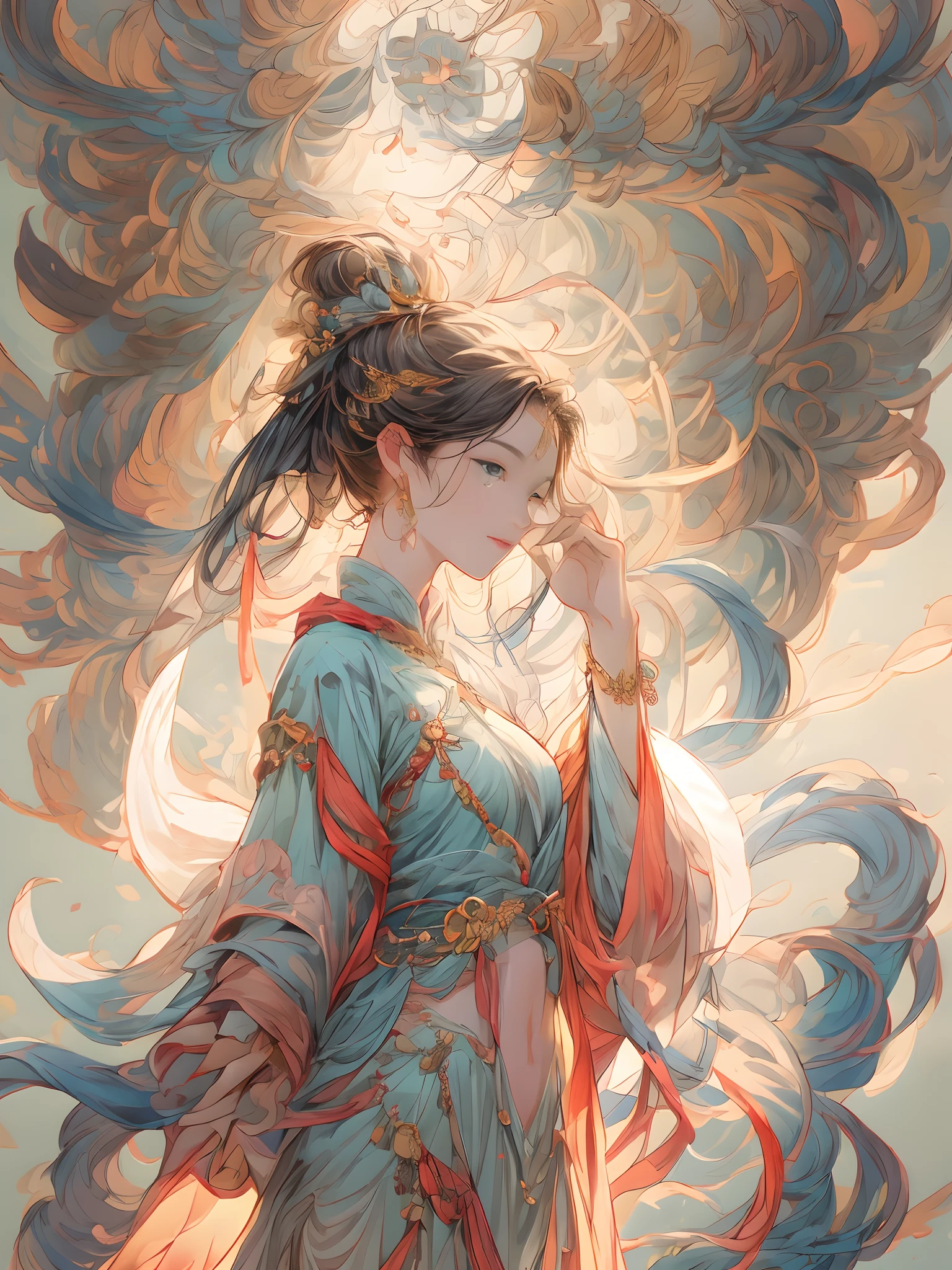 A girl, ancient Chinese costume, whole body, sunshine, clear face, clean white background, masterpiece, super detail, epic composition, ultra HD, high quality, extremely detailed, official art, uniform 8k wallpaper, super detail, 32k,dunhuang：2