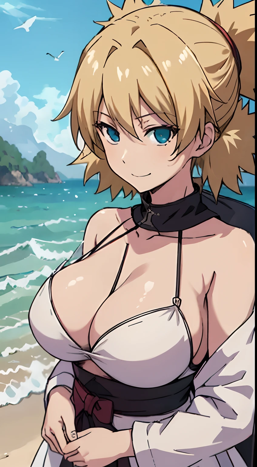 （tmasterpiece：1.3），blond hairbl，ssmile，slightly fat big breasts，Be red in the face，best qualtiy，The is very detailed，Get close to the lens，Delicate and beautiful face，sea beach，rays of sunshine，baiyun，Flying birds