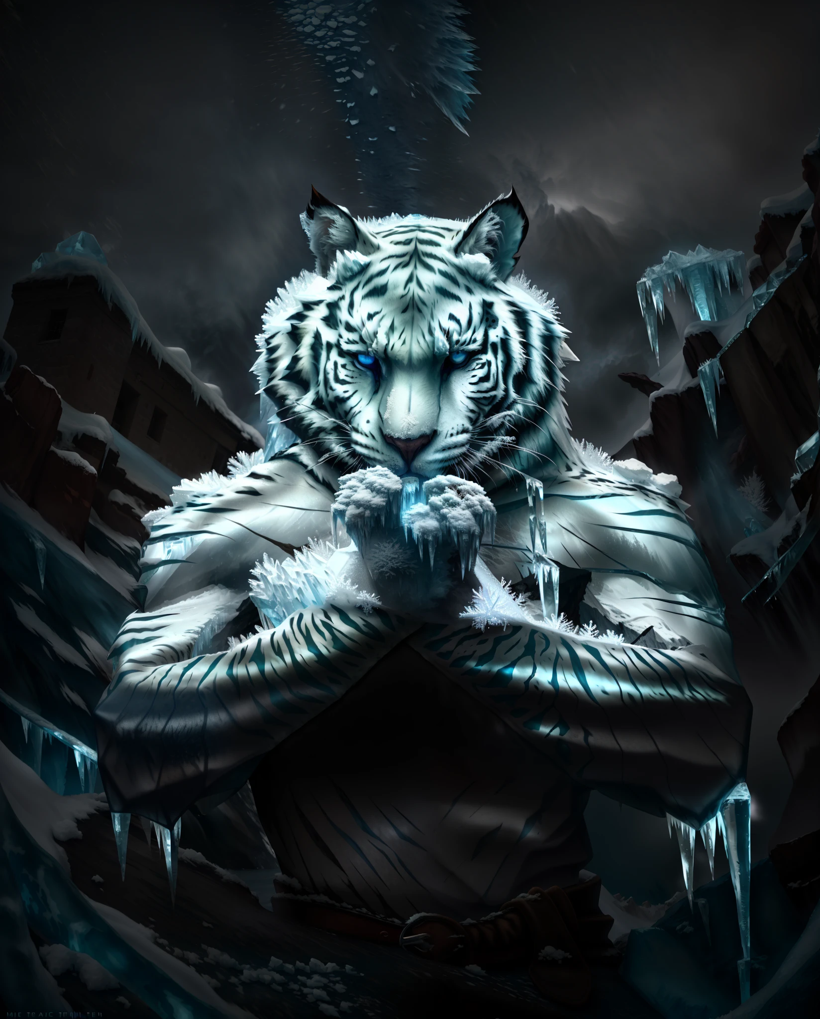 ((White Tiger-Man)) (Silavra)（Perfect facial features：1.4），（Blue silk robe），（Mysterious magic formations：1.2），Blue glow，(((Powerful ice magic)))，(((Icicles)))，Towering over the landscape，Blue light cold light，(((Ice storms)))，Wind，((Flying snow ice and snow))，Amazing results，,best qualityer,tmasterpiece,finely detailled,Complicated details,8K wallpaper,hdr,water blue,Magic Array,Cinematic lighting effects,lightand shade contrast，Ray traching、NVIDIA RTX