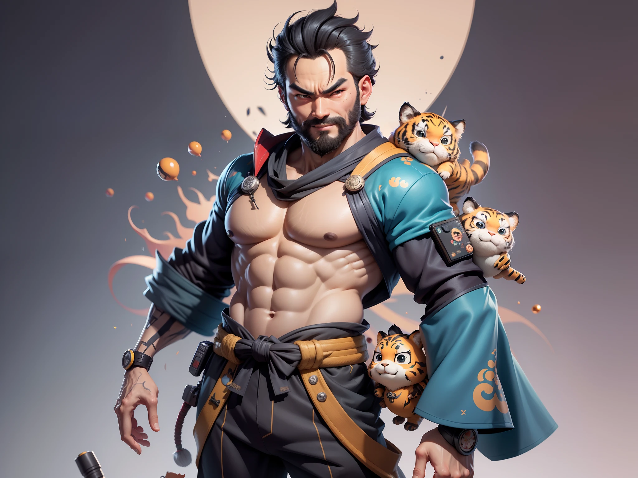 (Daisaku),(Need),(Super meticulous),(full bodyesbian:1.2),Super young man with Japanese geisha,Beautiful,orient,one tiger,Aeolian Thor,Raised sexy,爆乳,Oriental face,TV Anchor,Bust portrait illustration,In black suit,a blue tie,The face is slightly chubby,The face was clean,without a beard,Black super short hair,Black eyes,Smile confidently,3C computer sub-products,iPad, iphone,Digital painting,3D character design by Mark Clairen and Pixar and Hayao Miyazaki and Akira Toriyama,The illustration is a high-definition illustration in 4K resolution,With very detailed facial features and cartoon-style visuals。