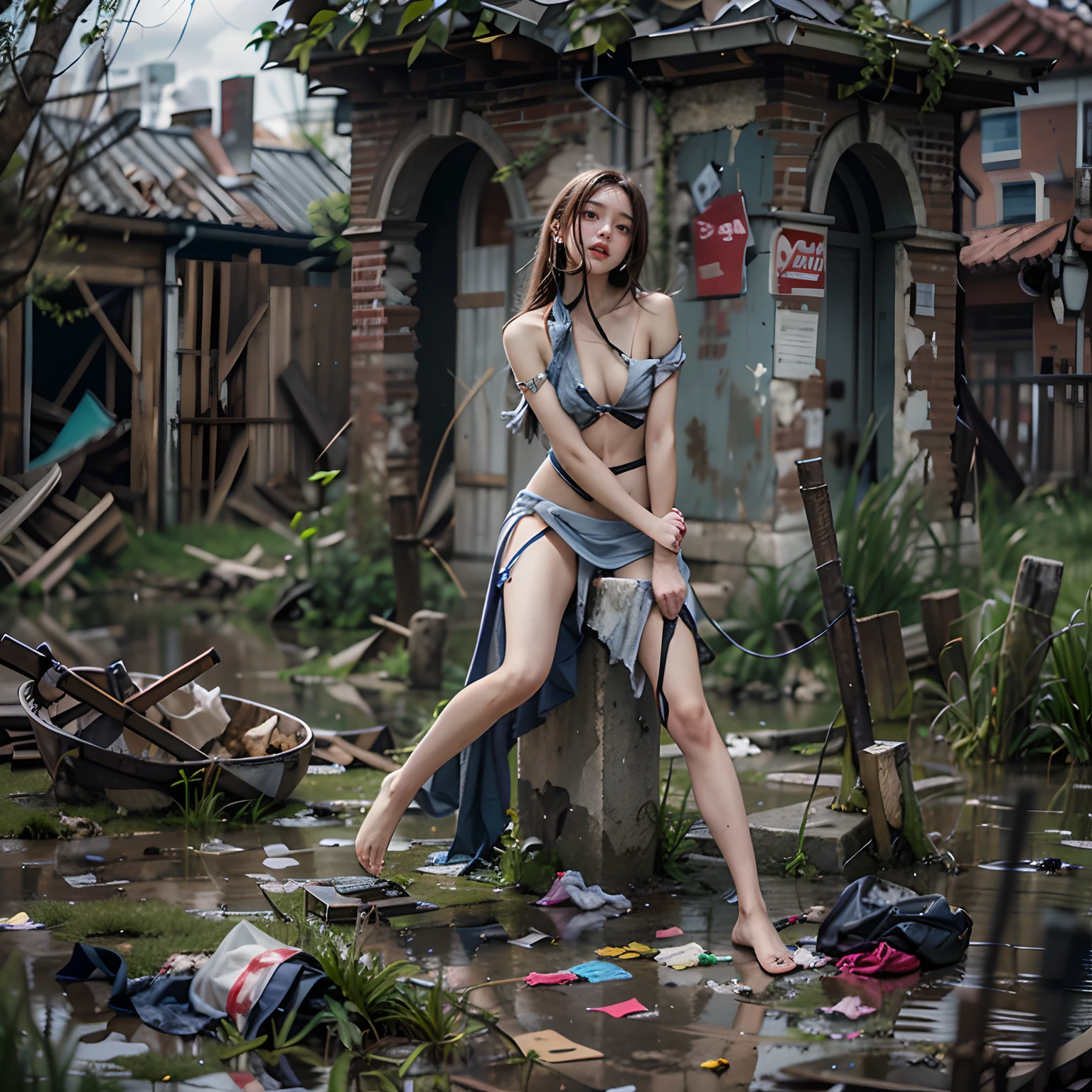 abandoned ruins,Garbage all over the ground,best qualtiy,full-body portraits(1:1),18 years old girls,Slender and slender figure,Skinny,As thin as a whipping post,Smaller bust,The barefoot,Naked all over the body,Random nudity,face to the viewer