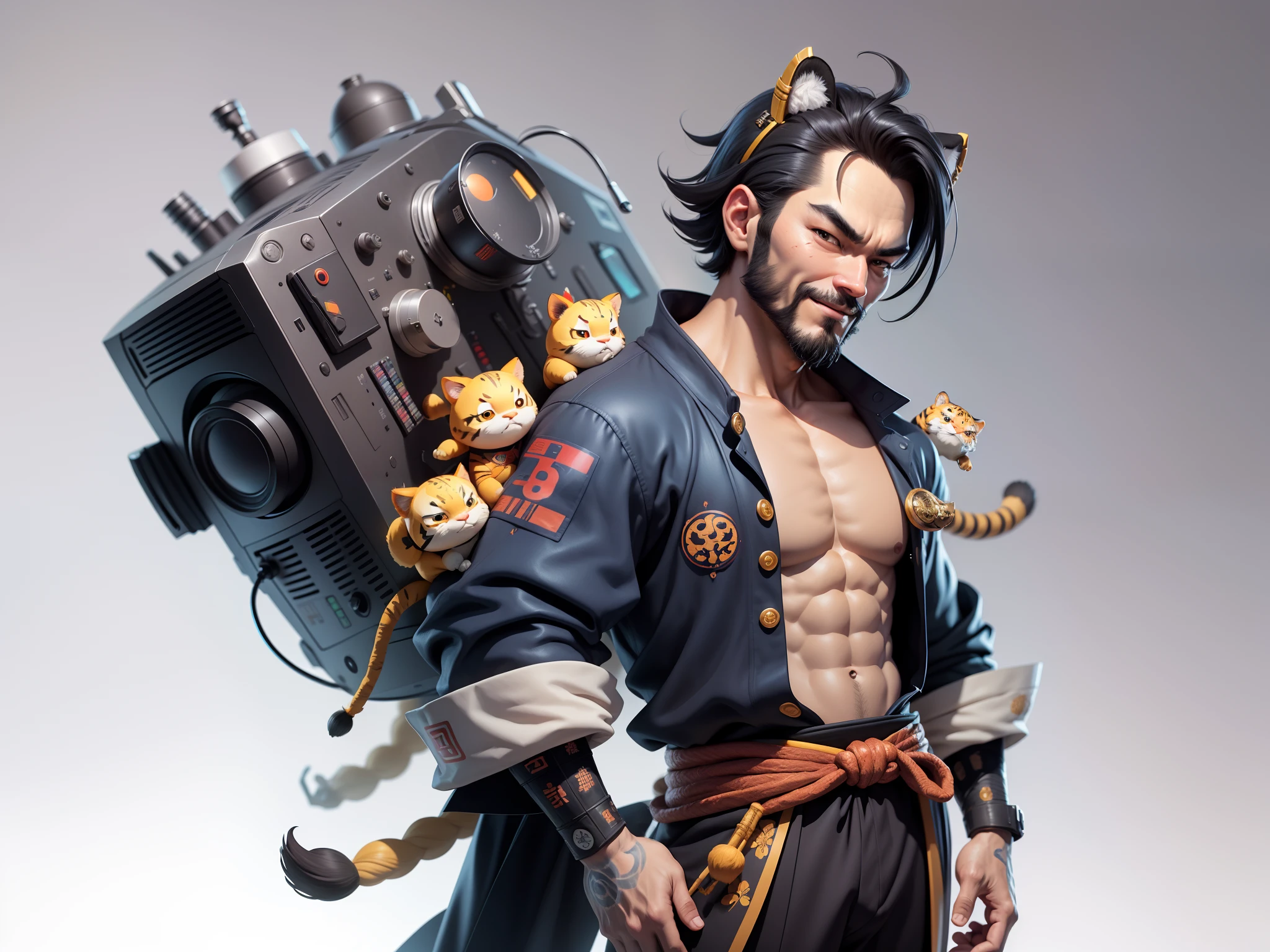 (Daisaku),(Need),(Super meticulous),(full bodyesbian:1.2),Super young man with Japanese geisha，Beautiful，orient，one tiger，Aeolian Thor，Raised ，，Oriental face，TV Anchor， portrait illustration，In black suit，a blue tie，The face is slightly chubby，The face was clean，without a beard，Black super short hair，Black eyes，Smile confidently，3C computer -products，iPad， iphone，Digital painting，3D character design by Mark Clairen and Pixar and Hayao Miyazaki and Akira Toriyama，The illustration is a high-definition illustration in 4K resolution，With very detailed  features and cartoon-style visuals。