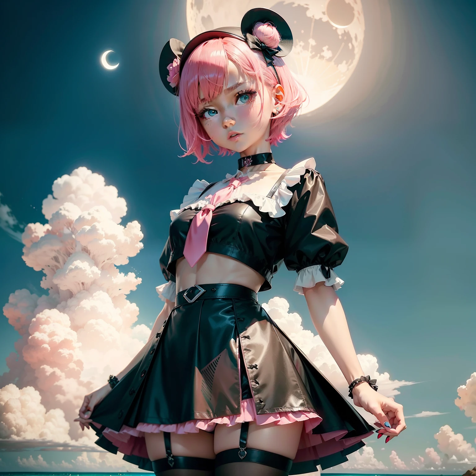 Original character, pink short hair, Cyan eyes, white blouse, red tie, black tights, Black Mini Skirt, (topquality, Amazing details: 1.25), (独奏: 1.3), Bright colorful paintings, 1 girl, little chest, Beautiful cute face, luna, Beach, moon light, black choker, pretty eyes