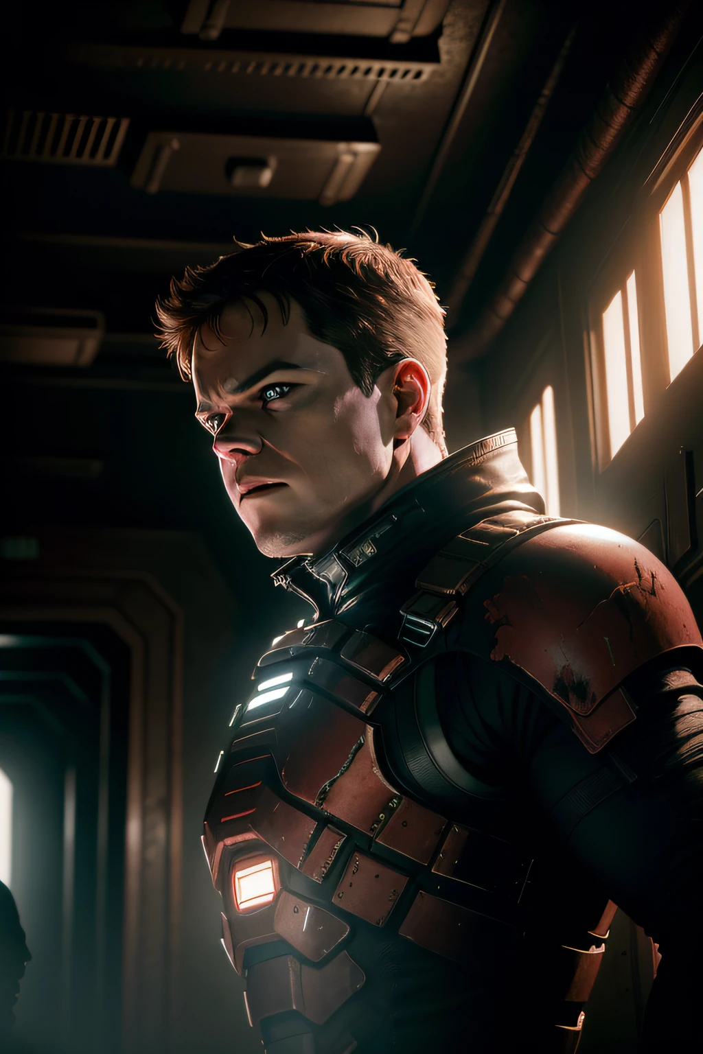 Sci Fi Horror Dead Space Matt Damon and Amy Adams on Ishimura Haunted Ship photography, natural light, photorealism, cinematic rendering, ray tracing, the highest quality, the highest detail, Cinematic, Third-Person View, Blur Effect, Long Exposure, 8K, Ultra-HD, Natural Lighting, Moody Lighting, Cinematic Lighting red spooky lighting