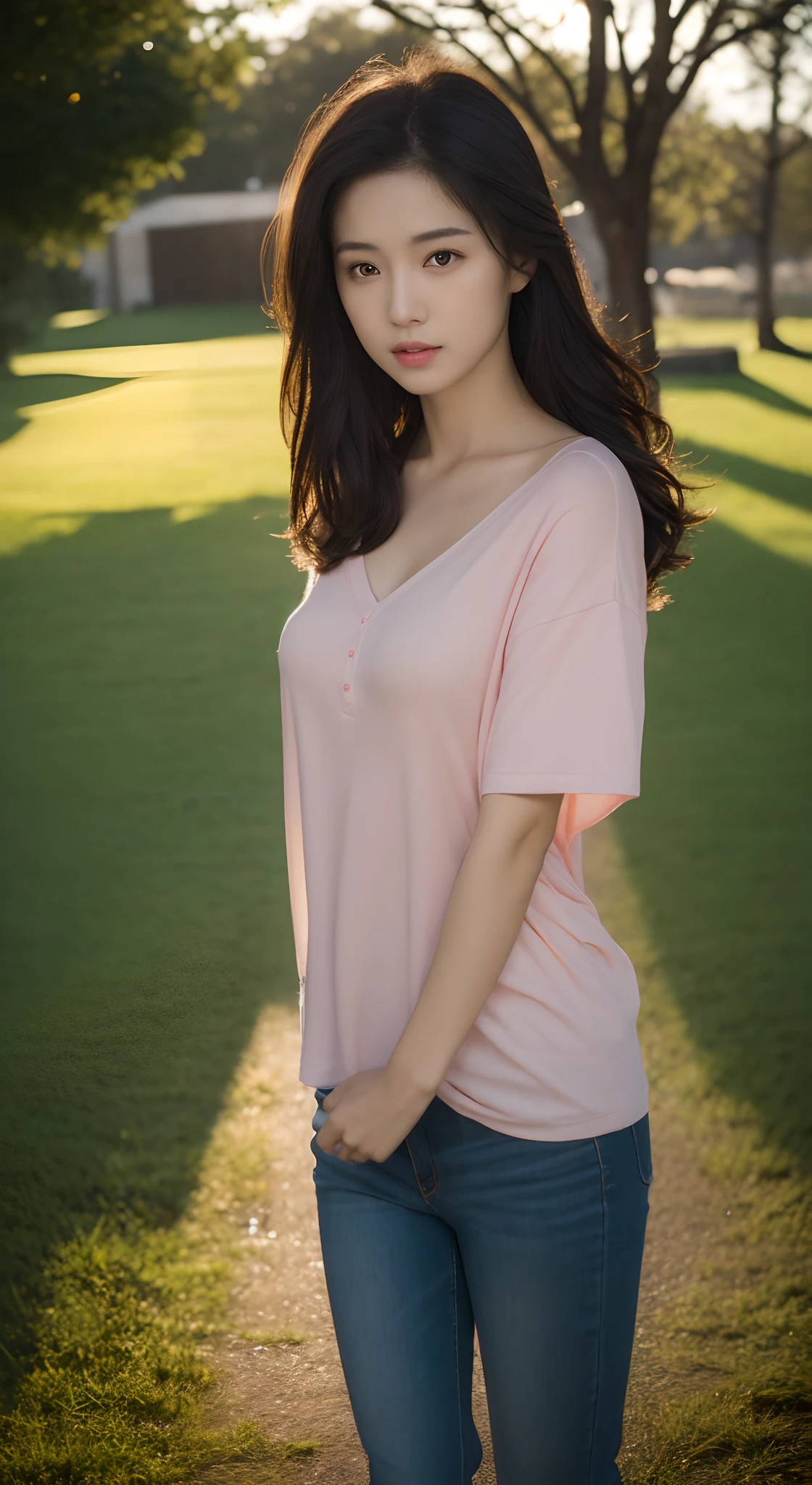 ((Best quality, 8K HD, Masterpiece: 1.3)), Focus: 1.2, Perfect body beauty: 1.4, hindquarters: 1.2, ((layered haircuts, chest: 3.2)), (Wet clothes: 1.1), (rain, grassy fields: 1.3), 1 beautiful woman taking pictures on the grass,RAW photos,tmasterpiece,(highdetailskin:1.2),8k ultra high definition,digital SLR camera,gentlesoftlighting,high high quality,filmgrain,富士XT3,20 years old Asian woman,Wear simple clothes,T-shirt and skinny jeans,Detailed clothing details:1.3,perfect body figure,Perfect breasts and nipple bulge,The legs are straight and slender,Branded stylish shoes:0.6,Super detailed facial details and skin,Fair pink face and skin,The skin is pink,with light glowing,二重まぶた,Super detailed eyes,(Gloss on lips, eyeslashes, Glossy face, Best quality, Super high resolution, warm color,Wide lighting, naturalshadow), Sexy, Full body shooting: 1.8 highly detailed facial and skin textures, Delicate eyes, Double eyelids, Whitens the skin, Long hair