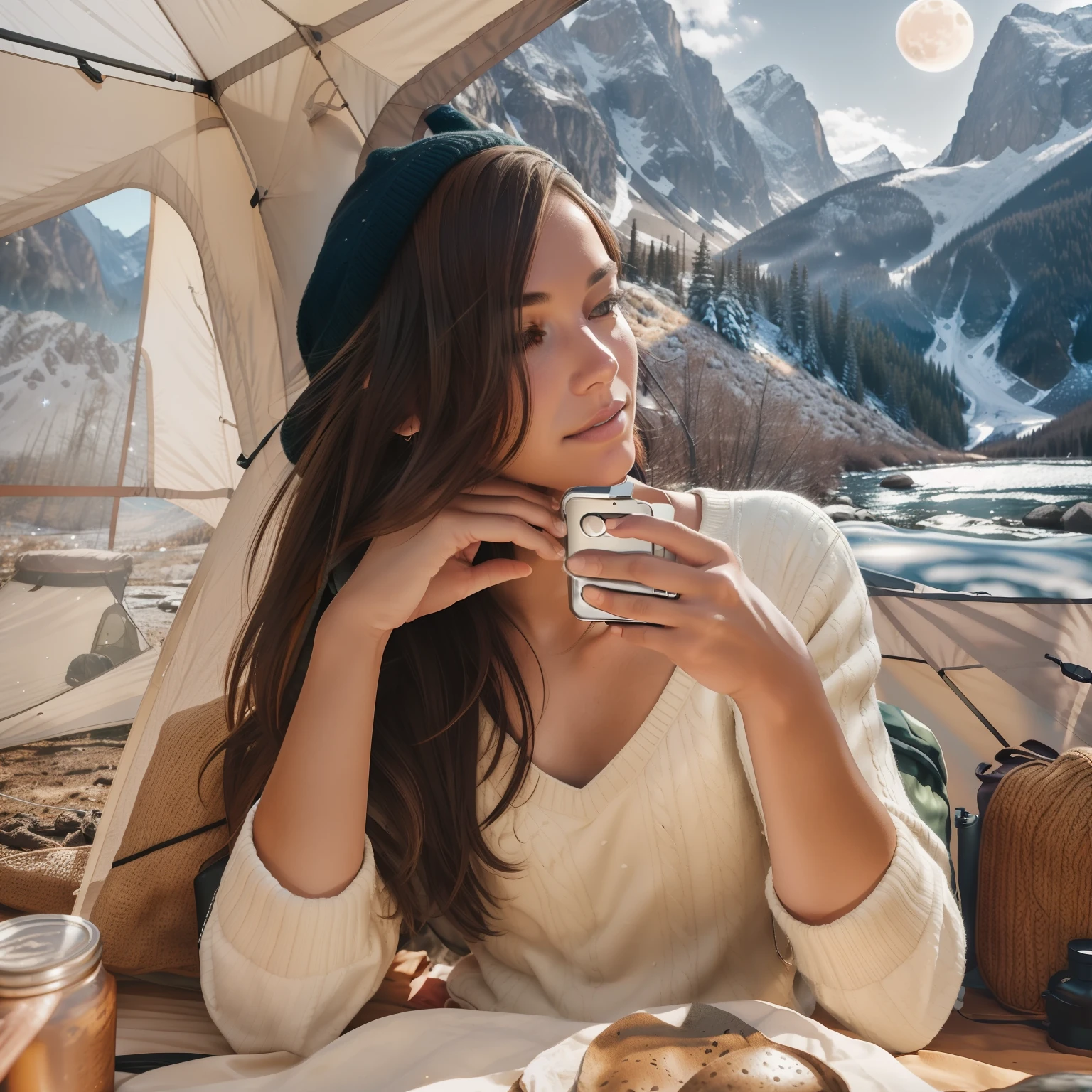 1 woman((upper body selfie, happy)), masterpiece, best quality, ultra-detailed, solo, outdoors, (night), mountains, nature, (stars, moon) cheerful, happy, backpack, sleeping bag, camping stove, water bottle, mountain boots, gloves, sweater, hat, flashlight, forest, rocks, river, wood, smoke, shadows, contrast, clear sky, analog style (look at viewer:1.2) (skin texture) (film grain:1.3), (warm hue, warm tone)
:1.2), close up, cinematic light, sidelighting, ultra high res, best shadow, RAW, upper body, old man, wearing pullover