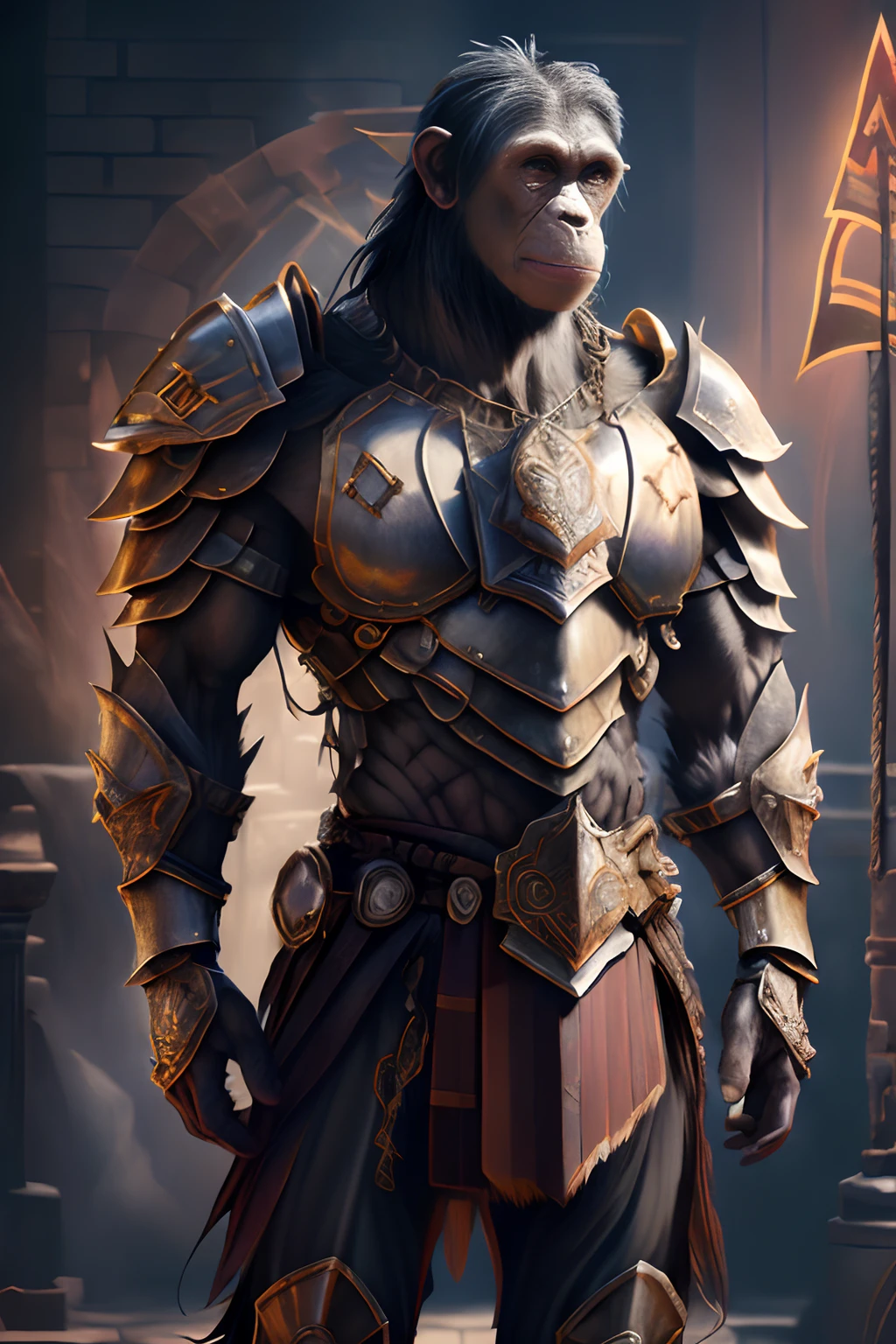chimpanzee male humanoid in armor, armoured warrior, armored warrior, hyperdetailed fantasy character, fantasy warrior in full armor, berserker potrait, warrior dnd character, ares with heavy armor and sword, vigo the carpathian, detailed game art illustration, warforged, featured on artstation hd, minotaur in ancient armor