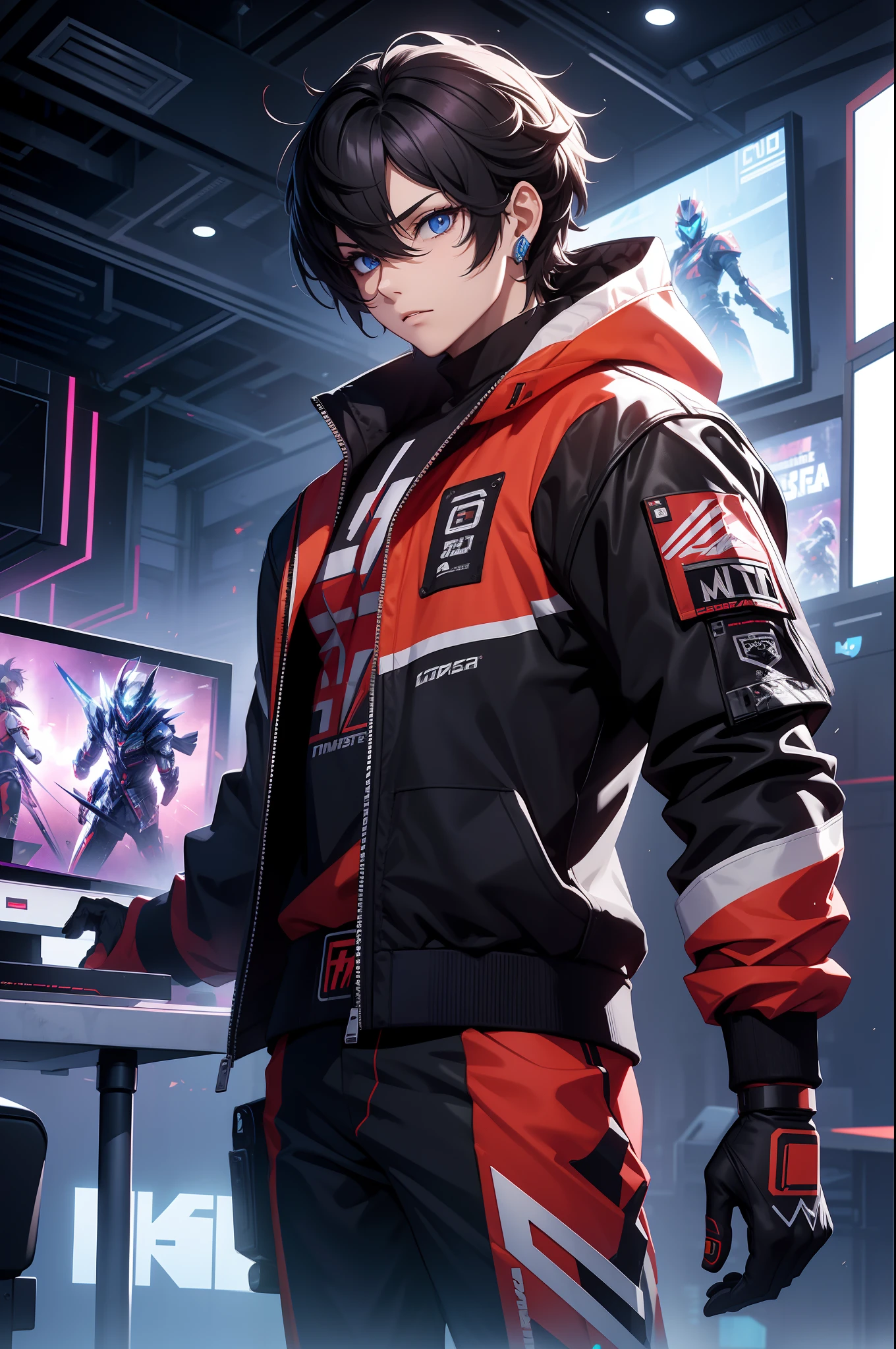 （tmasterpiece，best qualtiy），Male esports player，Squads，final，Esports event trophies，Urban construction，cyber punk perssonage