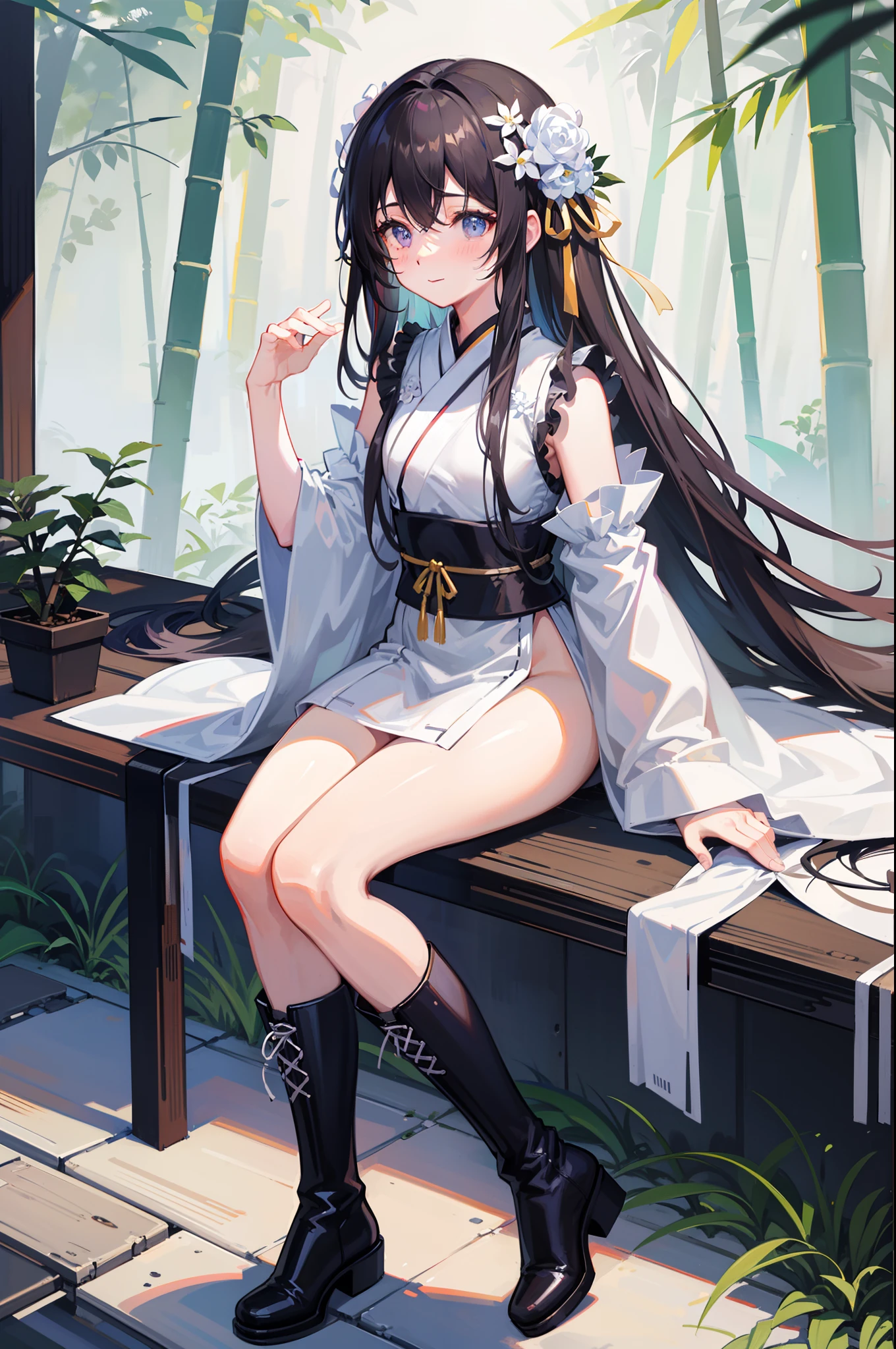 Highest quality,16k,Accurate,??????? correct,A high resolution,Solo,18yr old,Blush,Long hair,Hair ribbon,white flower hair ornament,Hanfu,Sitting,((Black boots)),A white dove,Light smile,Dignified,In the bamboo forest,bamboos,Ambient light,hdr,Depth of field,Masterpiece,Best quality,Black and white tones,cabelos preto e longos。