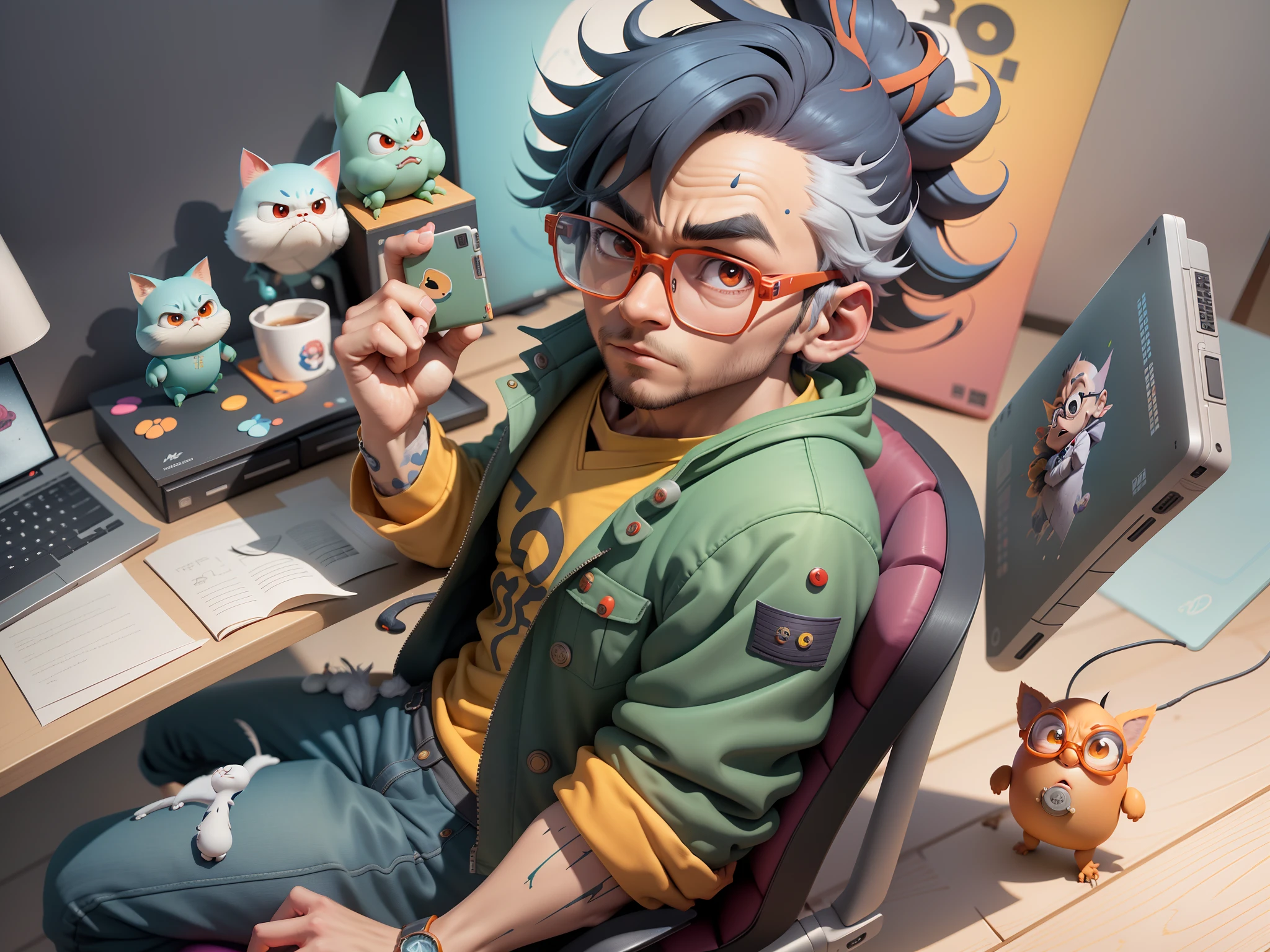 A young man with glasses sits at his desk，holding laptop，digitial painting，3D character design by Mark Clairen and Pixar and Hayao Miyazaki and Akira Toriyama，4K HD illustration，Very detailed facial features and cartoon-style visuals。