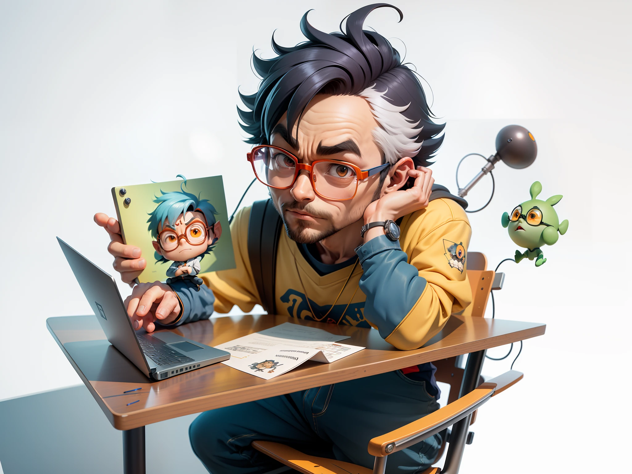 A young man with glasses sits at his desk,holding laptop,digitial painting,3D character design by Mark Clairen and Pixar and Hayao Miyazaki and Akira Toriyama,4K HD illustration,Very detailed facial features and cartoon-style visuals。