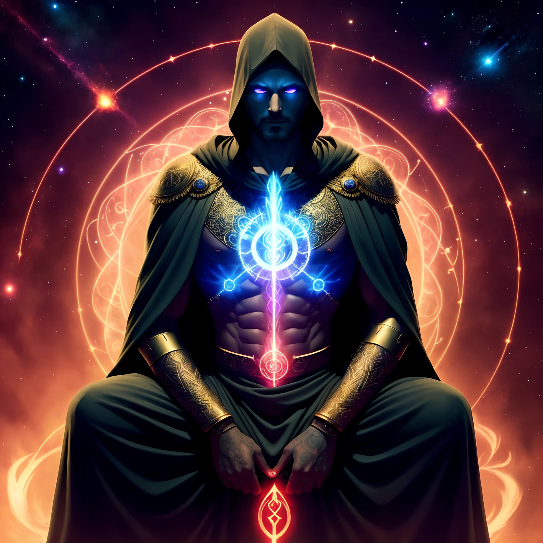 Full body Illustration of (a ((multiple-arm)) demiurge god, he has glowing red tattooed glyphs all over his naked muscular chest, glowing dark blue skin, he wears lich golden and black robes and cloak, mysterious face, evil, cosmic background, meditation pose, ((extra arms))) by Wlop and Artgerm, highres, octane rendered, centered, intricate, masterpiece, cosmic supernovas on the background