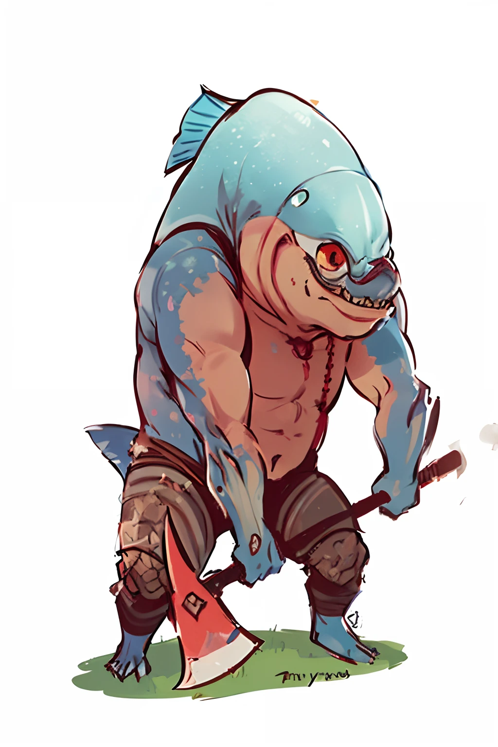 by bestiary_style, a cartoon fish with a hockey stick and a helmet on, fish man, pudge from dota 2, as a d & d monster, anthropomorphic shark, monster character design, scary fish, realistic creature concept, concept creature character art, lowres, by Ryan Yee, aquatic creature, character design from d & d, creature design, monster concept art, flat, 2D