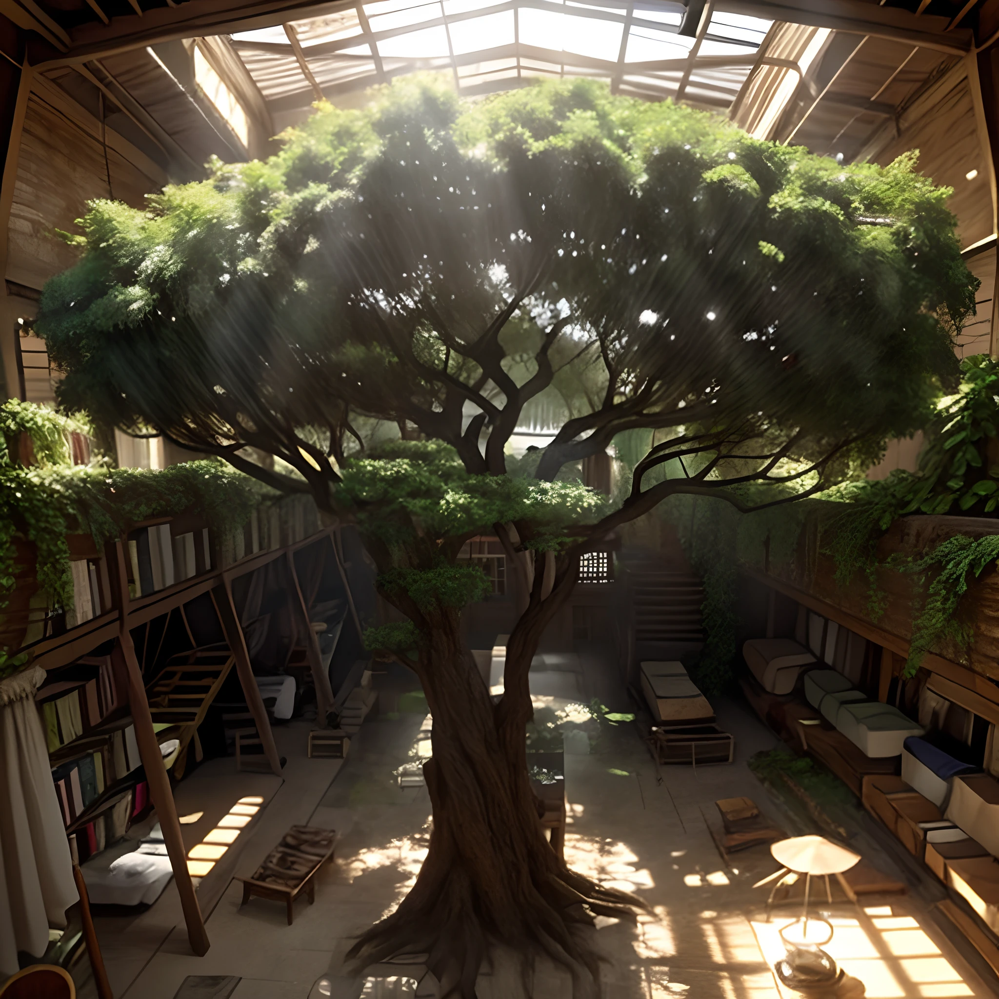 There is a tree in the middle of a room with a ladder, thick tree trunk, Wide roots of the tree trunk breaking the ground, realistic fantasy rendering, bonsai tree house, volumetric natural light, a wide open courtyard in an epic, Unreal 5 motor highlly renderizar, bela arte conceitual 3D, Epic natural light, unreal engine render concept art, arte conceitual altamente realista, Motor Unreal altamente renderizado, unreal 5 motor renderizado