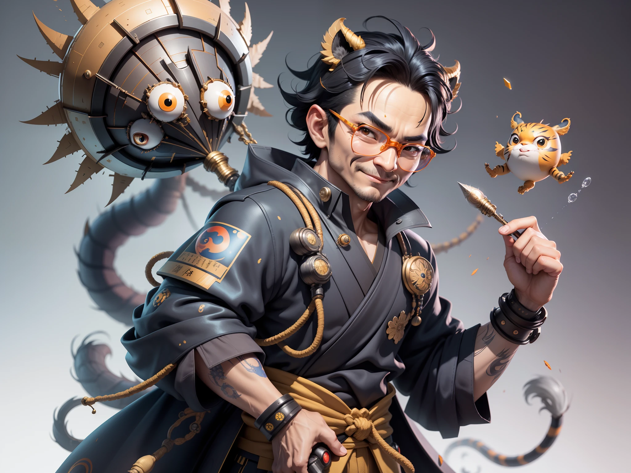 (Masterpiece), (Excellent), (Super Meticulous), (Full Body: 1.2), Super Young Man with Japanese Female Geisha, Pretty, Beautiful, Chinese Dragon, Tiger, Wind God Thor, Sexy, Bursting, Oriental Face, TV Anchor, Bust Portrait Illustration, Black Suit, Blue Tie, Slightly Chubby Face, Silver Glasses, Very Clean Face, No Beard on Chin, Black Super Short Hair, Black Eyes, Confident Smile, 3c Computer Sub-Products, iPad, iPhone, Digital Painting, 3D character design by Mark Clairedon and Pixar and Hayao Miyazaki and Akira Toriyama, the illustrations are HD illustrations in 4K resolution with highly detailed facial features and cartoon-style visuals.
