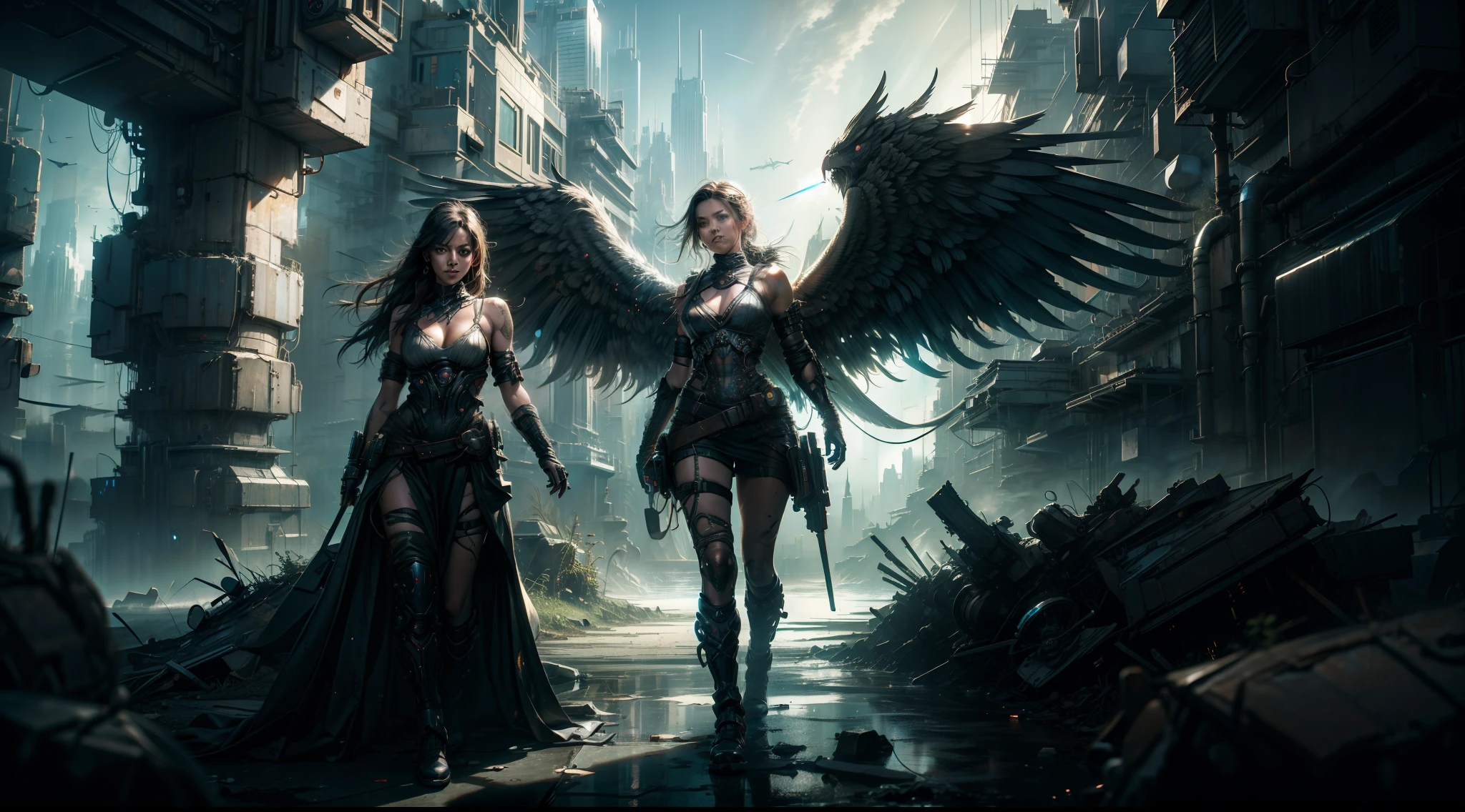 （（best qualtiy））， （（tmasterpiece））， （（Realistis））， （A detailed）， （realisticlying：1.5），illusory engine， (High detail: 1.9)，（femele：1.4），（big breasts beautiful： 1.4),(carismatic:1.3)， （Large breasts）， Female angel， Black wings，beuaty girl，beauitful face， looking at viewert， dynamicposes， postapocalyptic， Destroyed city background， scientific fiction， hdr， Ray traching， NVIDIA RTX， Hyper-Resolution， Unreal 5， sub surface scattering， PBR textures， Post-processing， Anisotropic filtering， depth of fields， Maximum clarity and sharpness， trichotomy，8K original，（Luminous Particle：1.4），（VerydetailedCG，Unity 8k壁纸，cinmatic lighting，lens flare glow），Reflectors，Sharp focus，