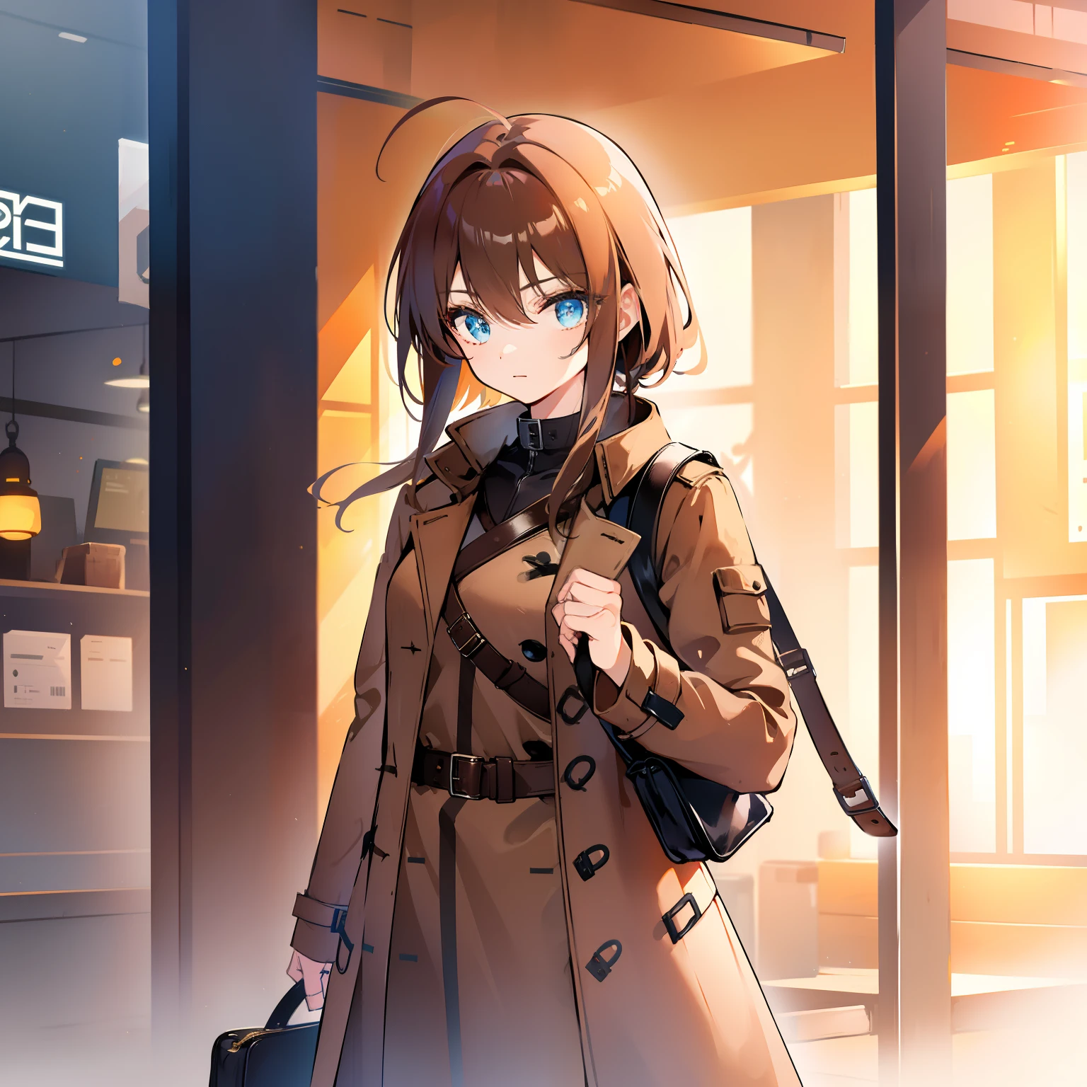 A girl in a brown trench coat carries a leather bag