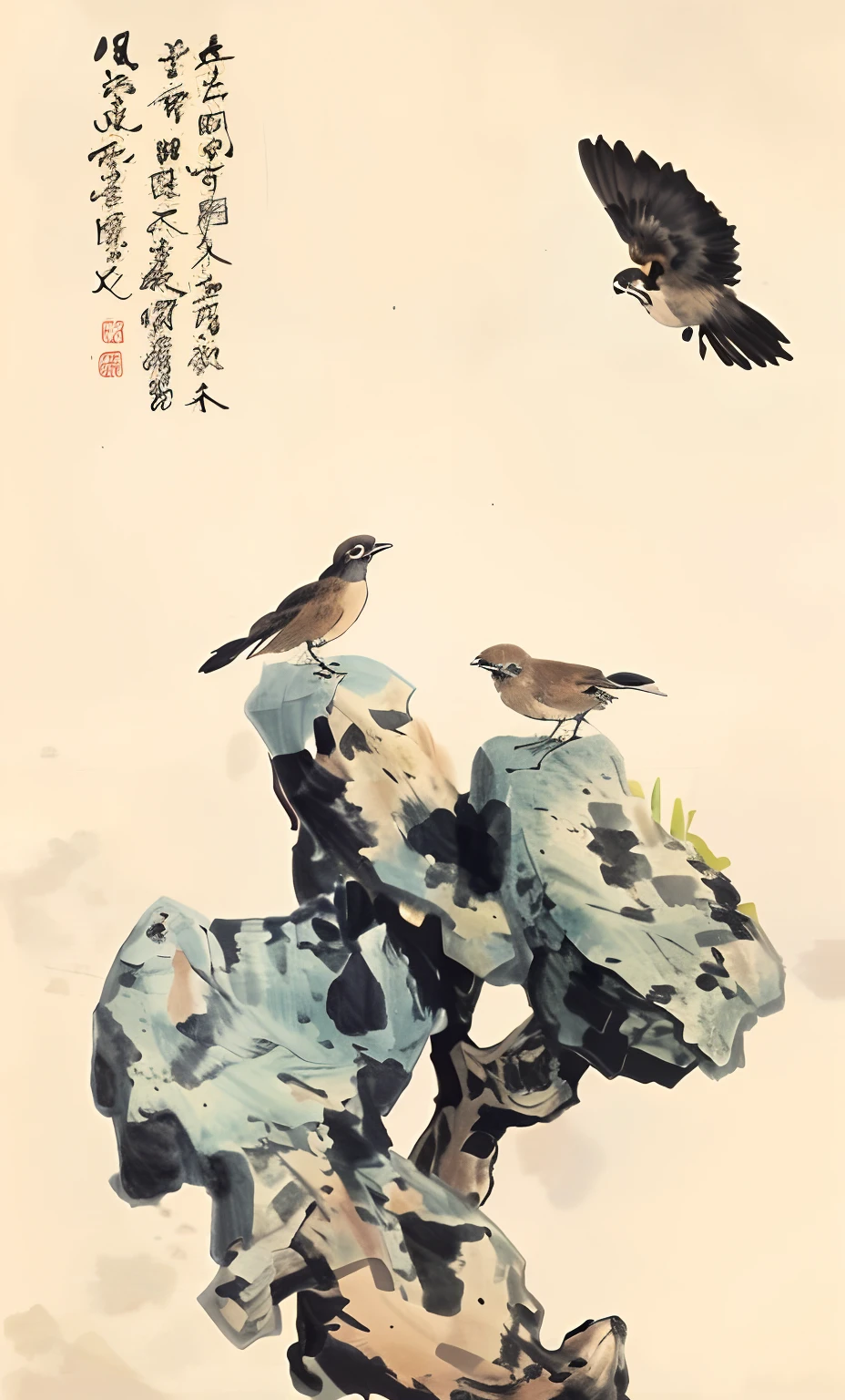 There are two birds sitting on a rock,A bird flies on it, inspired by Emperor Huizong of Song, Qiu Fang, Chinese painting style,ink lines,Brush strokes,Background blank,tmasterpiece,artwork of a,Ink drawing on rice paper,Brown tones