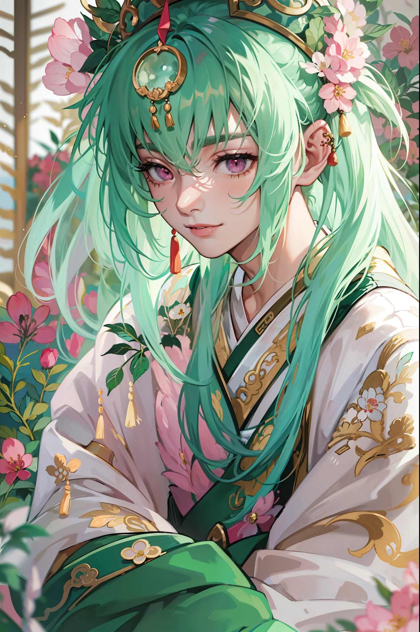 Best quality at best，tmasterpiece，very detailed wallpaper，Green hair，Pink eyes，Hide arms，bblurry，longer sleeves，blur backgroun，独奏，1boy，Childish and cute，Chinese outfit，malefocus，looking at viewert，leafs，florals，robe，hair adornments, ssmile