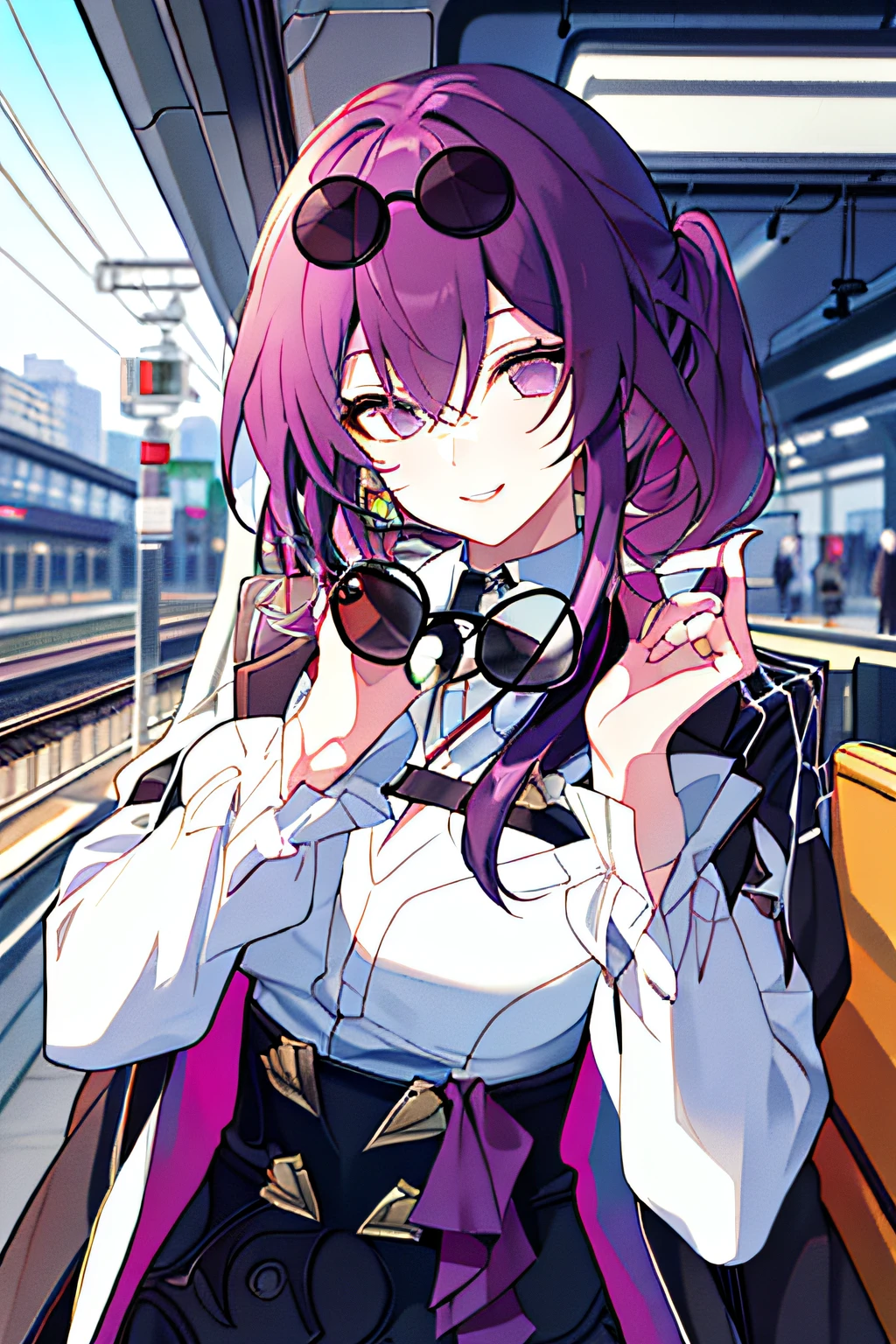 (Masterpiece:1.2, Best quality), 1lady,solo，1girll, KafkaHKS, Smile，sunglasses, eyewear on head, Jacket, White shirt，Purple colored hair，Purple eye，Wait for the incoming train at the subway station，Look at the other person，sharp