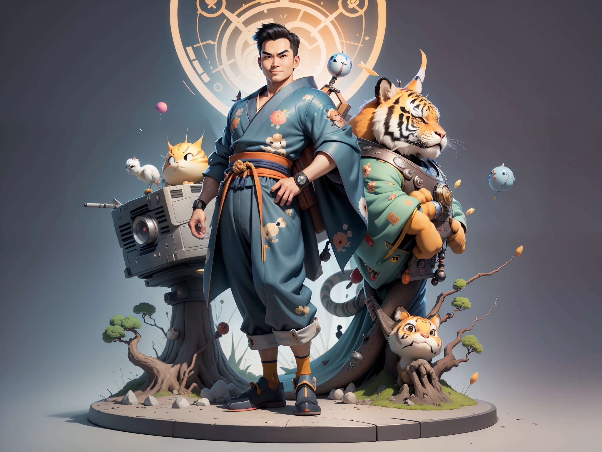 (Masterpiece), (Excellent), (Super Meticulous), (Full Body: 1.2), Super Young Man, Oriental Face, Japanese Kimono, Japanese Wind Thunder God, Dragon, Tiger, TV Anchor, Bust Portrait Illustration, Alone, Black Suit, Blue Tie, Slightly Chubby Face, Very Clean Face, No Beard, Black Super Short Hair, Black Eyes, Confident Smile, 3c Computer Sub-Products, iPad, iPhone, Digital Painting, 3D Character Design by Akira Toriyama and Mark Claireden and Pixar and Hayao Miyazaki, The illustration is a high-definition illustration in 4K resolution with very detailed facial features and cartoon-style visuals.