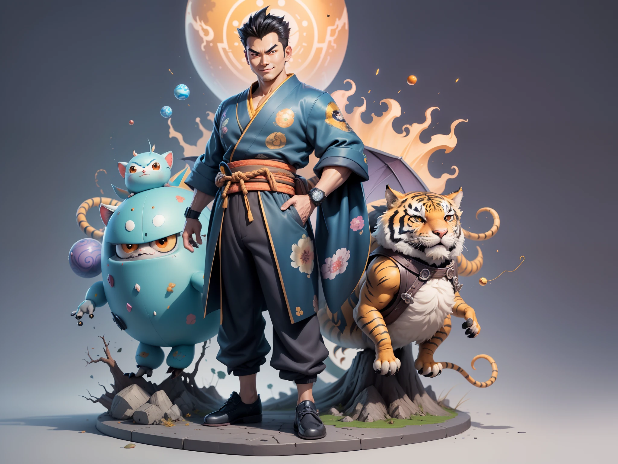 (Masterpiece), (Excellent), (Super Meticulous), (Full Body: 1.2), Super Young Man, Oriental Face, Japanese Kimono, Japanese Wind Thunder God, Dragon, Tiger, TV Anchor, Bust Portrait Illustration, Alone, Black Suit, Blue Tie, Slightly Chubby Face, Very Clean Face, No Beard, Black Super Short Hair, Black Eyes, Confident Smile, 3c Computer Sub-Products, iPad, iPhone, Digital Painting, 3D Character Design by Akira Toriyama and Mark Claireden and Pixar and Hayao Miyazaki, The illustration is a high-definition illustration in 4K resolution with very detailed facial features and cartoon-style visuals.