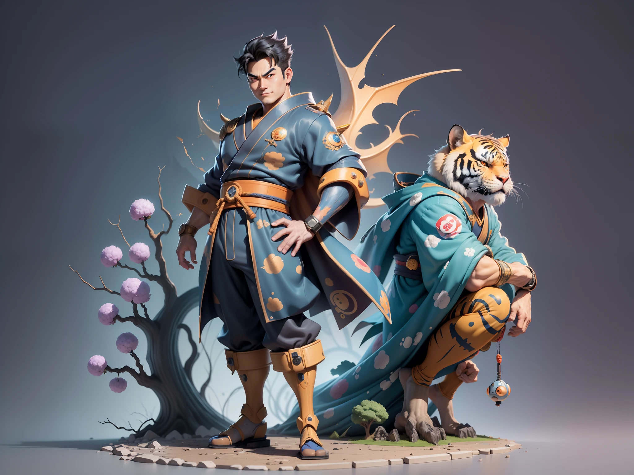 (Masterpiece), (Excellent), (Super Meticulous), (Full Body: 1.2), Super Young Man, Oriental Face, Japanese Kimono, Japanese Wind Thunder God, Dragon, Tiger, TV Anchor, Bust Portrait Illustration, Alone, Black Suit, Blue Tie, Slightly Chubby Face, Very Clean Face, No Beard, Black Super Short Hair, Black Eyes, Confident Smile, 3c Computer Sub-Products, iPad, iPhone, Digital Painting, 3D Character Design by Akira Toriyama and Mark Claireden and Pixar and Hayao Miyazaki, The illustration is a high-definition illustration in 4K resolution with very detailed facial features and cartoon-style visuals.