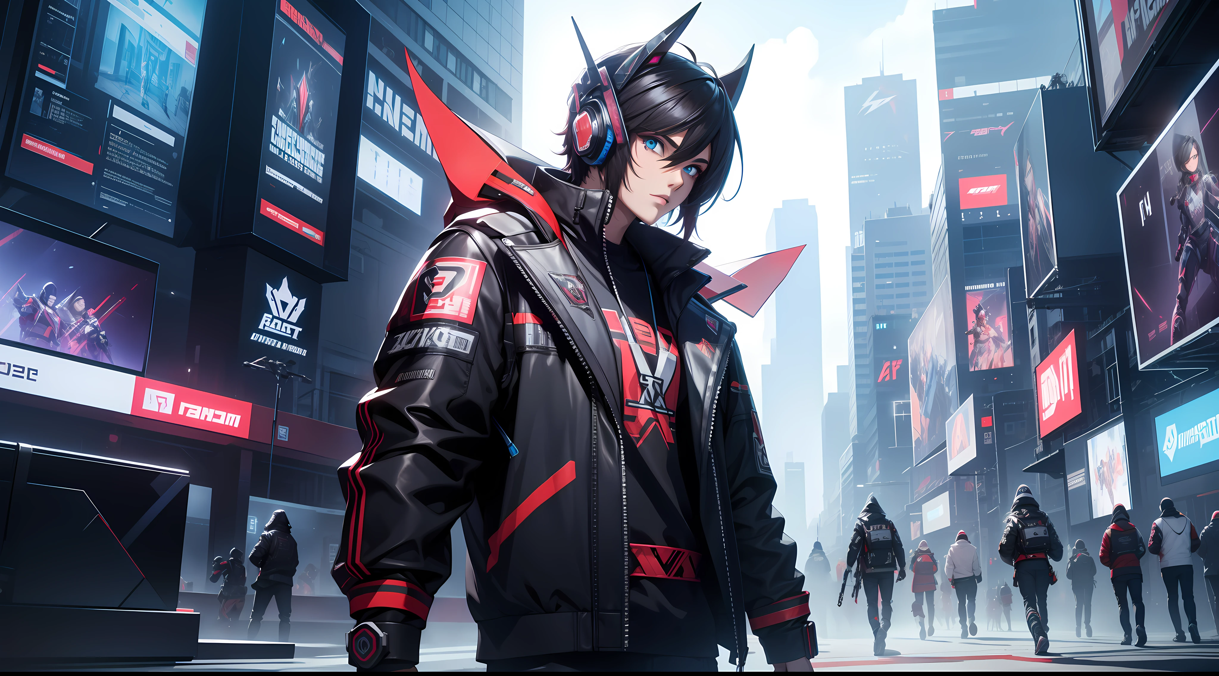 (tmasterpiece,best qualtiy),Male esports player,Squads,final,Esports event trophies,Urban construction,cyber punk perssonage
