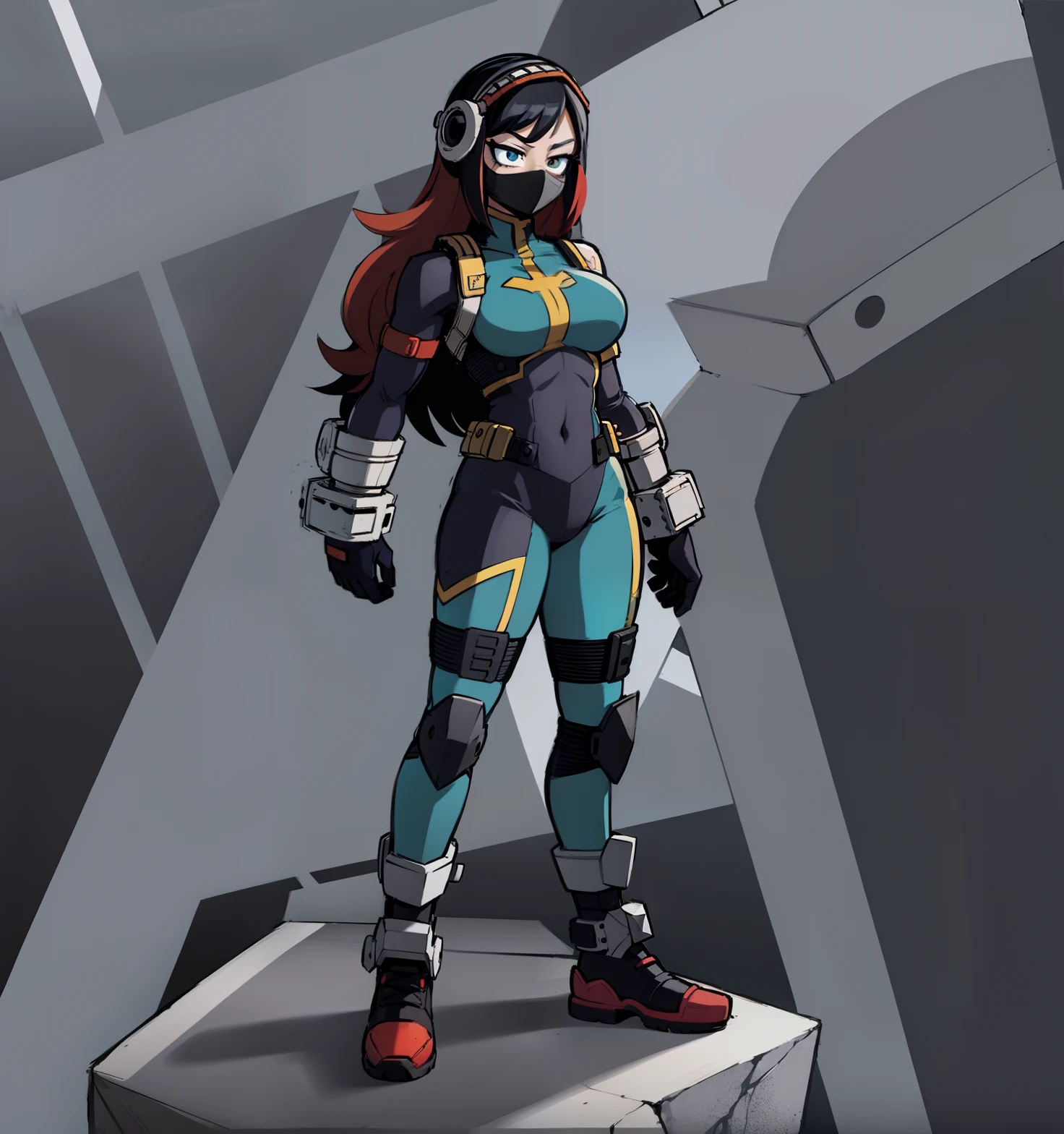 My Hero Academia style, anime Girl, female, wide thighs, wide hips, Large breast, muscular woman, trending on artstation pixiv, (full body shot:0.5), Masterpiece, fullbody suit, Hero costume, Head Covering, Helmet, Face Covering, Mask, Perfect Anatomy, Super Detailed,