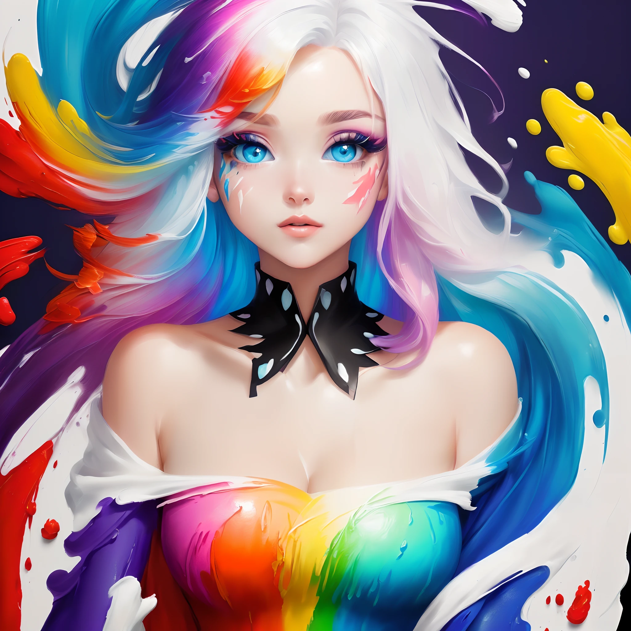 （Pink Fashion T-shirt：1.9），(Colorful hair: 1.8), (all the colours of the rainbow: 1.8),(((((vertical painting：1.6))), （painting：1.6），front, comics, illustrations, paintings, large eyes, crystal clear eyes,（ rainbow color gradient high ponytail：1.7）, exquisite makeup, closed mouth,(Small Fresh: 1.5),(Wipe Chest: 1.6) ，long eyelashes, white off shoulder T-shirt,  White Shoulder Shirt，looking at the audience, large watery eyes, (rainbow colored hair：1.6), color splash, （solo：1.8）, color splash, color explosion, thick paint style, messy lines, ((shining))，(colorful), (colorful), (colorful), colorful, Thick Paint Style, (Splash) (Color Splash), Vertical Painting, Upper Body, Paint Splash, Acrylic Pigment, Gradient, Paint, Highest Image Quality, Highest Quality, Masterpiece, Solo, Depth of Field, Face Paint,  colorful clothes, (Elegant: 1.2), gorgeous,long hair, wind, (Elegant: 1.3), (Petals: 1.4)，(((masterpiece))),(((best quality))),((ultra-detailed)),(illustration),(dynamic angle),((floating)),(paint),((disheveled hair)),(solo),(1girl) , (((detailed anima face))),((beautiful detailed face)),collar,bare shoulders,white hair, ((colorful hair)),((streaked hair)),beautiful detailed eyes,(Gradient color eyes),(((colorful eyes))),(((colorful background))),(((high saturation))),(((surrounded by colorful splashes))),