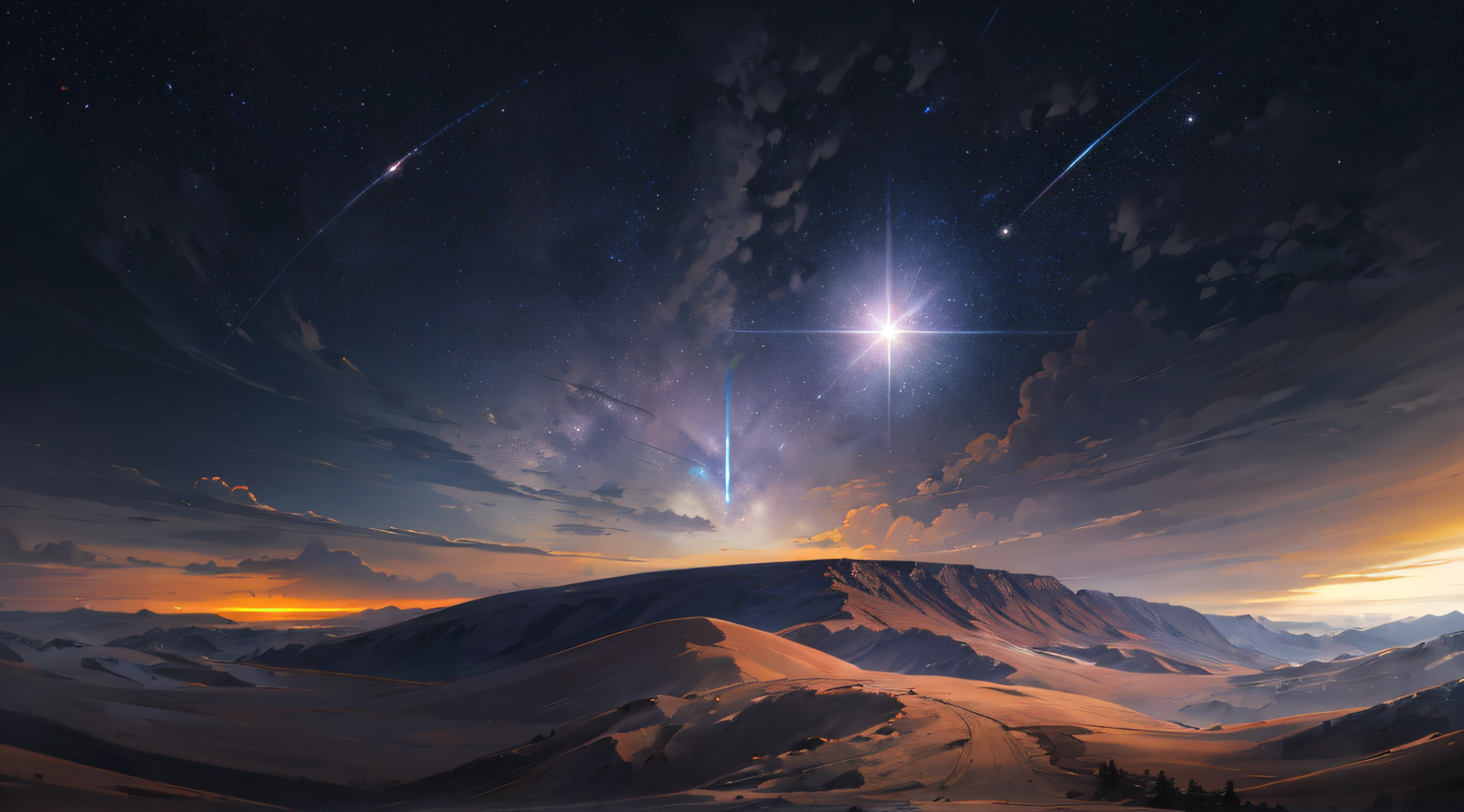 Expansive landscape photograph,(moon full:1.2),(meteors:0.9),(Starcloud:1.3),(Warm light source:1.2),(glowworm:1.2),lamp lights,Lots of purple and orange,Complicated details,Volumetriclighting,Realism BREAK(tmasterpiece:1.2),(best qualtiy),8K,Ultra-detailed,(dynamic compositions:1.4),The is very detailed,Colorful details,(Irridescent color:1.2),(luminouslighting,Atmospheric lighting),dream magical,magical,(独奏:1.2),((best qualtiy)), ((tmasterpiece)), (the detail:1.4),depth of fields,maximum definition and sharpness,perfectly proportions,Fluttering clouds,Wallpapers