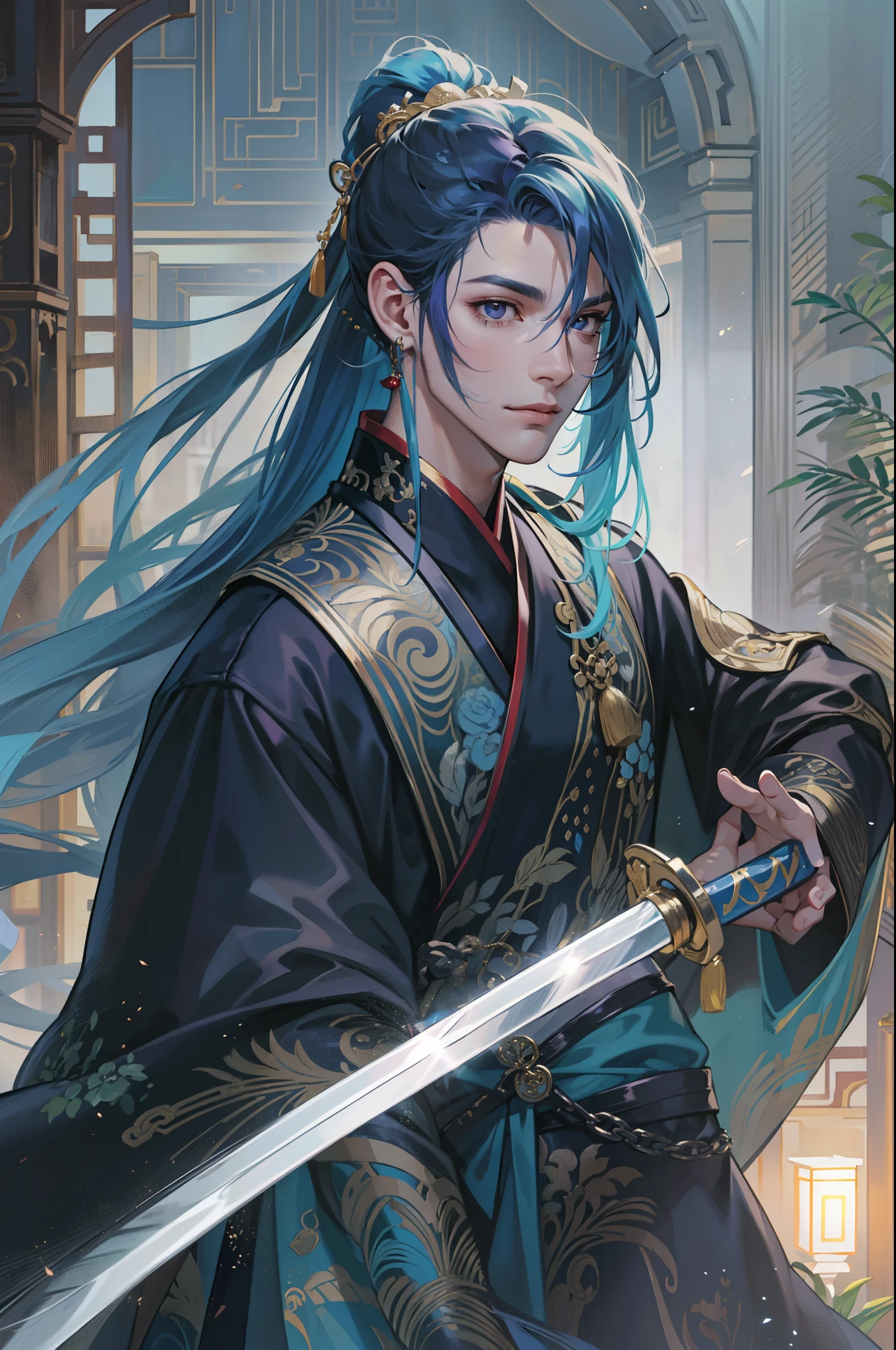 Best quality at best,tmasterpiece,very detailed wallpaper,Long hair in a ponytail,Purple eye,Hide arms,bblurry,longer sleeves,blur backgroun,独奏,1boy,mature,Handsome and handsome,blue hairs,Chinese outfit,Righteous handsome feeling,malefocus,looking at viewert,long sword,robe,hair adornments, ssmile,facial closeups