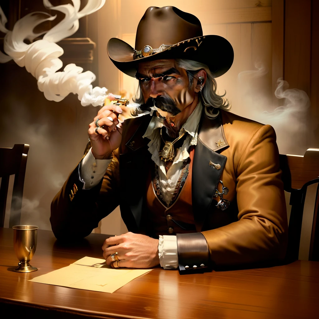 Cowboy fora da lei fumando charuto , Mustache and medium hair with silver revolver on the table with bad look,hd ultra realista,rosto detalhado,(HD) (Ultra realista) (4k) wearing gold rings with period clothes 1899 men's old west.