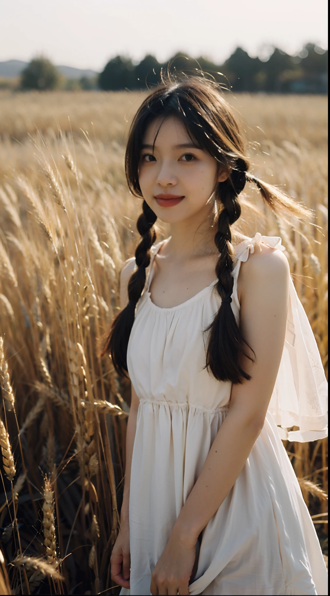 (top-quality,8K,tmasterpiece:1.3)Poetic shots,Hazy light and shadow,aestheticism,Melancholic movies,(overcast day),1girll,Face the lens,ssmile,Golden hair,pigtails,emotive depth,white dresses,Tano,wheat field