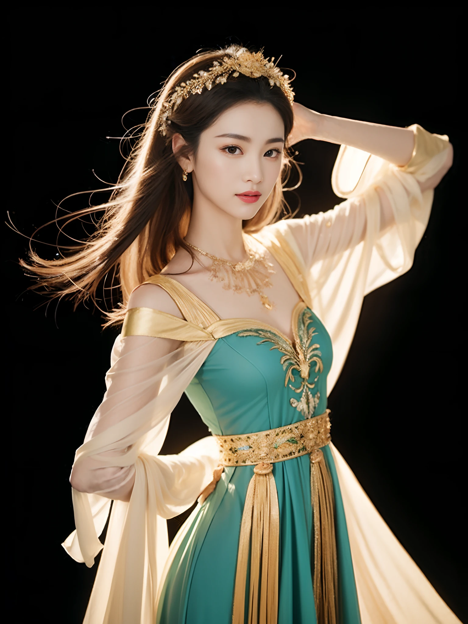 Gorgeous flying goddess。She wore a robe,Clothes fly,Gently trembling with her graceful dance moves。Her long sleeves are embroidered with delicate patterns and ornate gold thread,Make her more delicate and mysterious。
The face of the flying goddess was bright and dignified,She has bright and intelligent eyes,The eyes reveal serenity and tenderness。There is a sense of nobility and elegance between her eyebrows,glowing with a divine aura。The corners of her mouth rose slightly,As if to convey love and kindness to the world。
Her long hair is soft and gorgeous,Drape over her shoulders,Shiny as a black feather,Exudes a mesmerizing glow。She wears a bright headdress on her forehead,Embellished with delicate gemstones,Shine brightly。
Flying Goddess,Personable,Her arms lifted slightly,Fingertips gently touch invisible music like butterflies,Dance creates a beautiful and smooth picture。Her body posture is like a bird spreading its wings and flying,The figure is smooth and elegant。
Surrounding background,This is the endless sky,Blooming blue clouds flutter gently。in distance,The outline of the mountains can be seen,They form a layered landscape near and far,It gives a distant and magnificent feeling