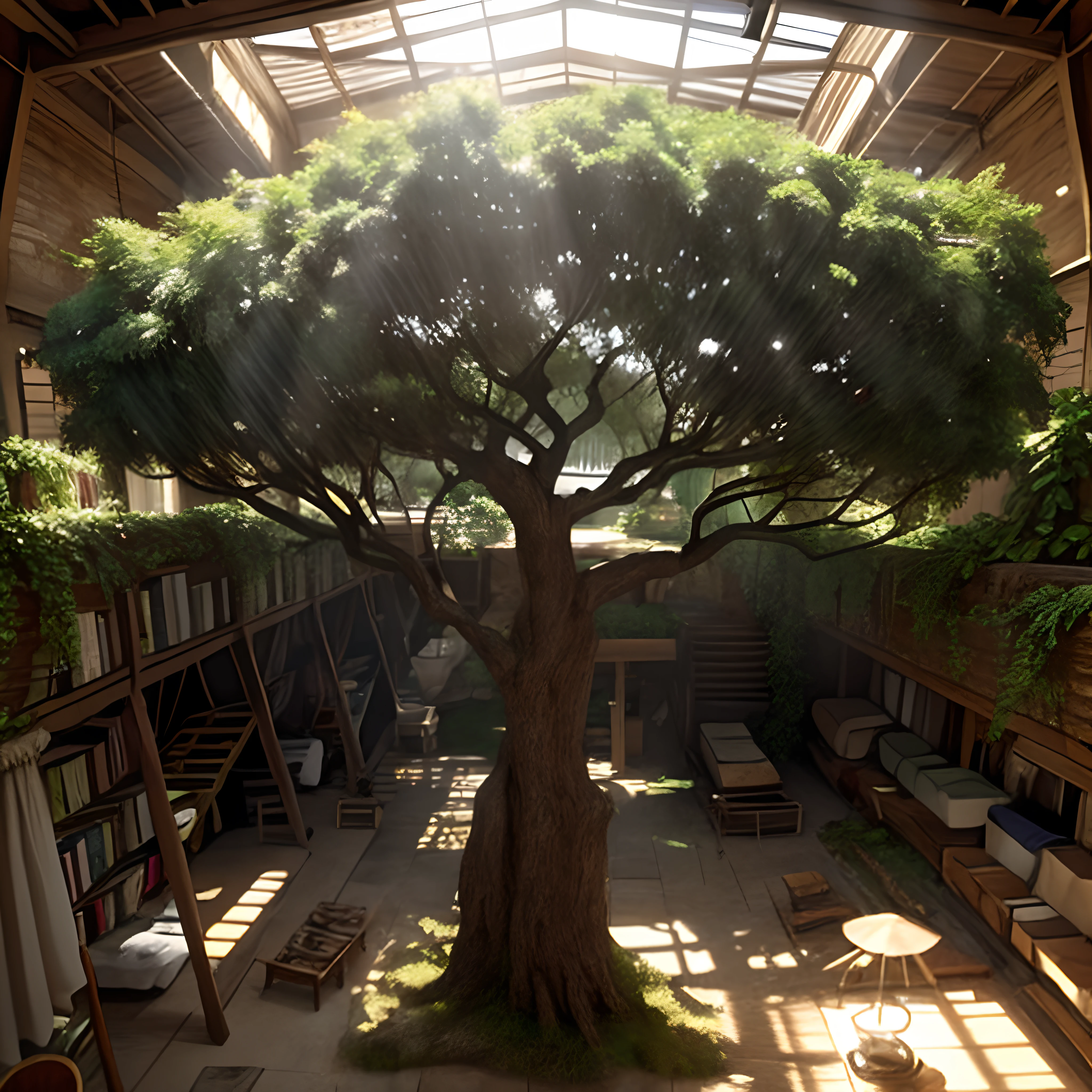 There is a tree in the middle of a room with a ladder, thick tree trunk, Wide roots of the tree trunk breaking the ground, realistic fantasy rendering, bonsai tree house, volumetric natural light, a wide open courtyard in an epic, Unreal 5 motor highlly renderizar, bela arte conceitual 3D, Epic natural light, unreal engine render concept art, arte conceitual altamente realista, Motor Unreal altamente renderizado, unreal 5 motor renderizado