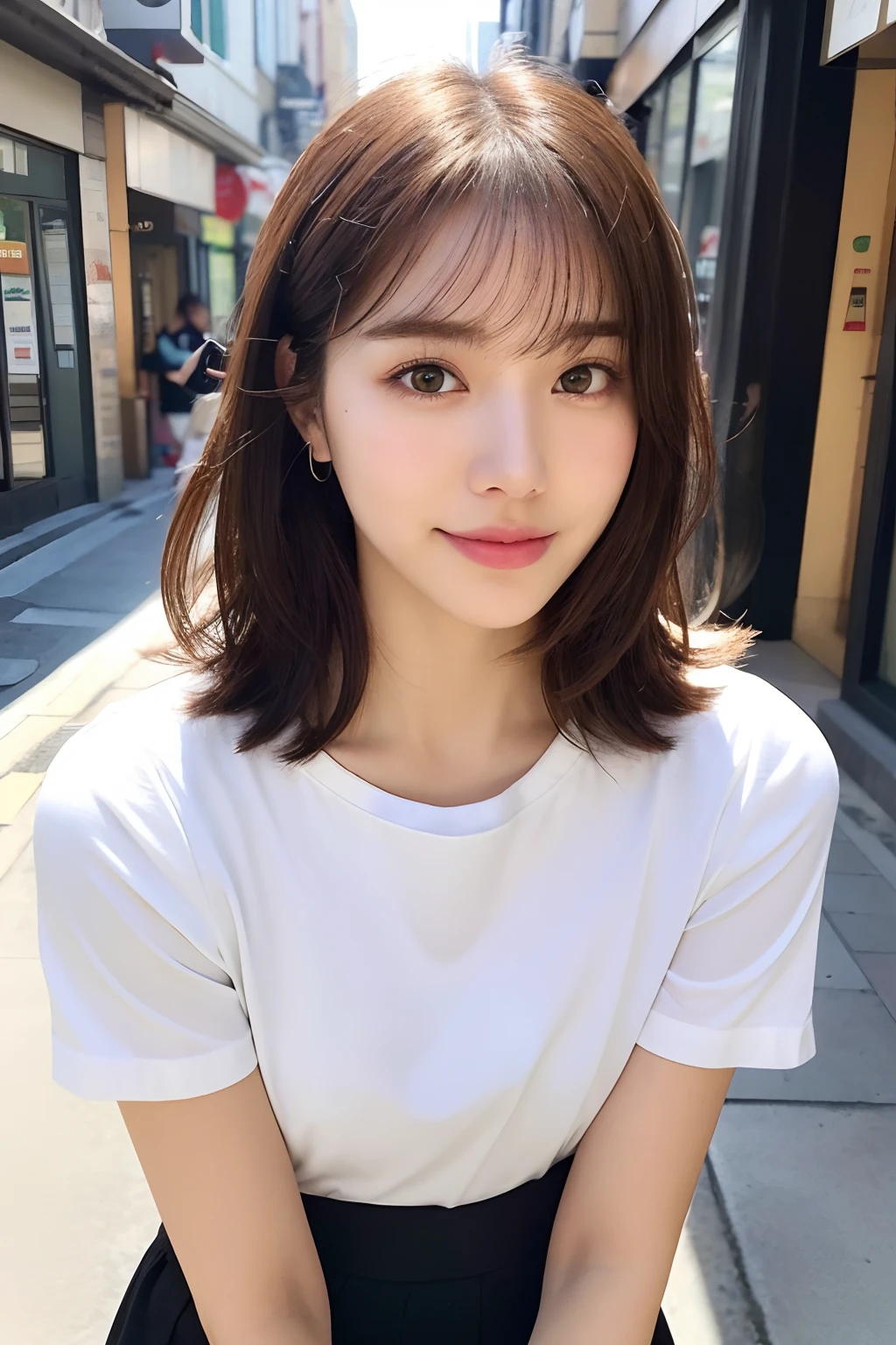 (8k, RAW photos, top quality, masterpiece: 1.2), ultra detailed, super resolution, (real, real photos: 1.37), portraits, high definition RAW color photos, professional photos, very detailed and beautiful, highly detailed, 8k wallpapers, amazing details, huge file size, official art, highly detailed CG Unity 8k wallpapers, highly detailed beautiful girls, highly detailed facesHighly detailed eyes, highly detailed skin, highly detailed fingers, highly detailed nose, highly detailed mouth, perfect anatomy, highly detailed background, highly detailed clothing, one girl, (18:1.2), , cute girl, famous Japan idol, cute, realistic body, petite, white skin, radiant skin, slim body, handsome body, brown hair, short curly hair, (blunt bangs: 1.2) , smile, cute, youthful, pretty face, realistic face, delicate eyes, sagging eyes, white shirt, skirt, earrings, camera gaze, cowboy shot, front-facing, standing, contrappost, high street, dynamic lighting,