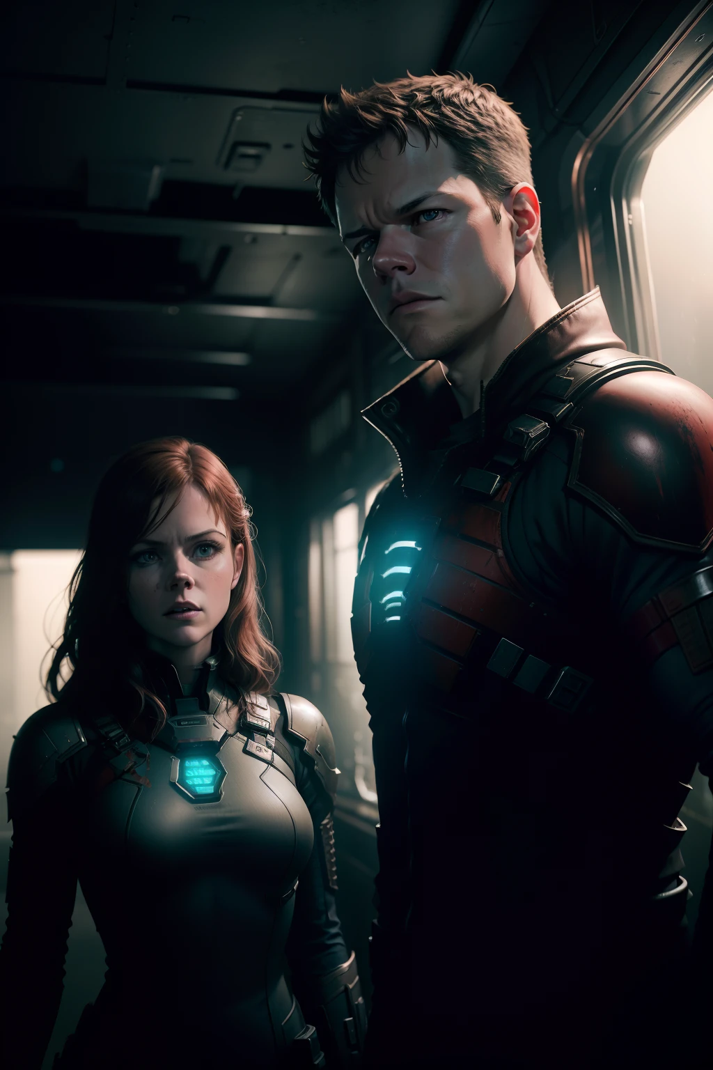 Sci Fi Horror Dead Space Matt Damon and Amy Adams on Ishimura Haunted Ship photography, natural light, photorealism, cinematic rendering, ray tracing, the highest quality, the highest detail, Cinematic, Third-Person View, Blur Effect, Long Exposure, 8K, Ultra-HD, Natural Lighting, Moody Lighting, Cinematic Lighting red spooky lighting