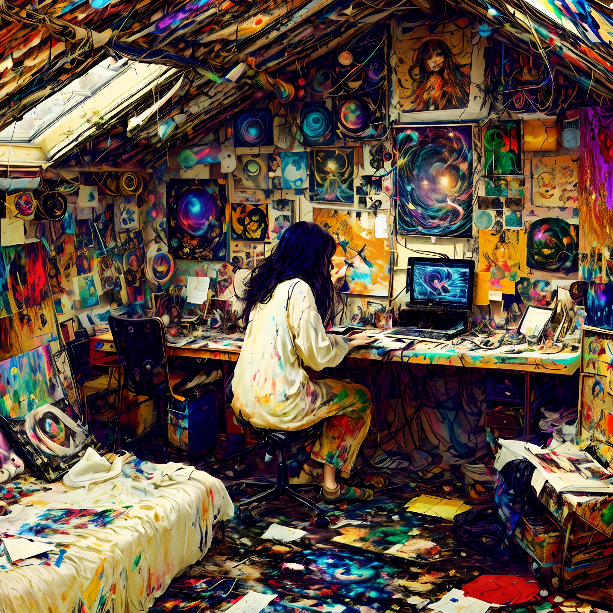 painting of a woman sitting at a desk in a room with a laptop, in her art room, in an attic, room of the nameless painter, deep dream, messy room, in her room, its a deep dream, apartment of an art student, maximalism digital art, inside a messy room, psychedelic art style, hippie pad, trippy art