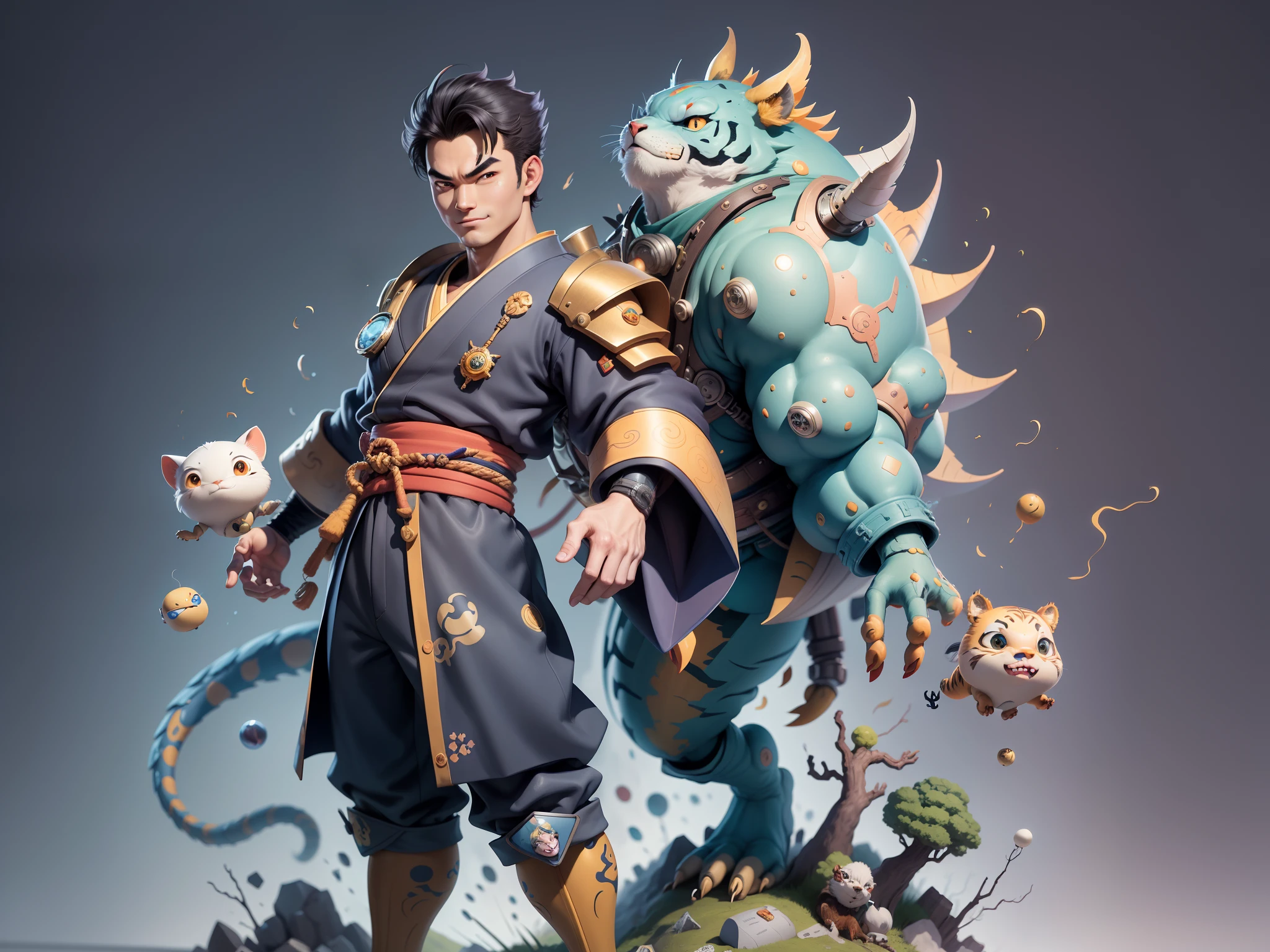 (Masterpiece), (Excellent), (Super Meticulous), (Full Body: 1.2), Super Young Man, Oriental Face, Japanese Kimono, Japanese Wind Thunder God, Dragon, Tiger, TV Anchor, Bust Portrait Illustration, Alone, Black Suit, Blue Tie, Slightly Chubby Face, Very Clean Face, No Beard, Black Super Short Hair, Black Eyes, Confident Smile, 3c Computer Sub-Products, iPad, iPhone, Digital Painting, 3D Character Design by Akira Toriyama and Mark Claireden and Pixar and Hayao Miyazaki, The illustration is a high-definition illustration in 4K resolution with very detailed facial features and cartoon-style visuals.
