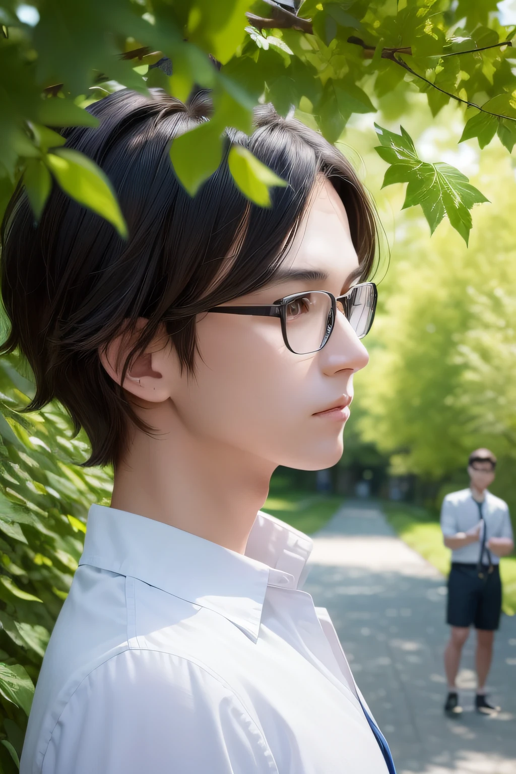(((quality:8k hyper-detail wallpaper, best qualtiy))), In the alley,Under the Maple Tree, A woman with flowing hair faces the maple tree, Three people in the picture,A boy with glasses looked at her intently,Another handsome boy secretly looks at the beauty from a distance。