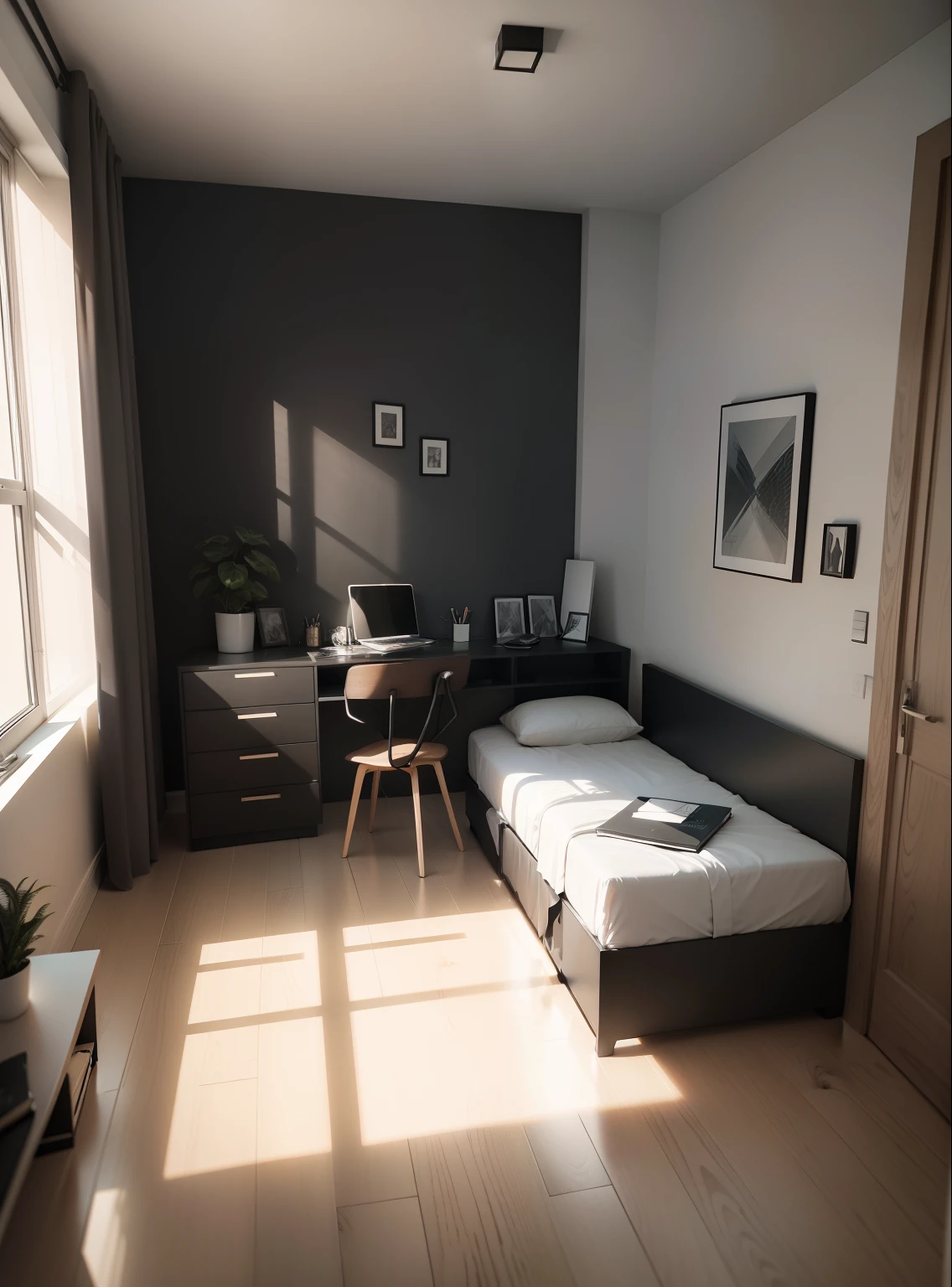 There is a bedroom with a door and a white floor, Quarto vazio com paredes pretas, parede escura do quarto, Apartamento com paredes pretas, paredes pretas, renderizar motor irreal, corona render, fundo fosco. Motor irreal, VantaBlack Parede, black floor, renderizar vray, Quarto esparso, Renderizado em 8 K Unreal Engine, renderizado em rtx, s office, pequena mesa no canto, office for artistic drawing