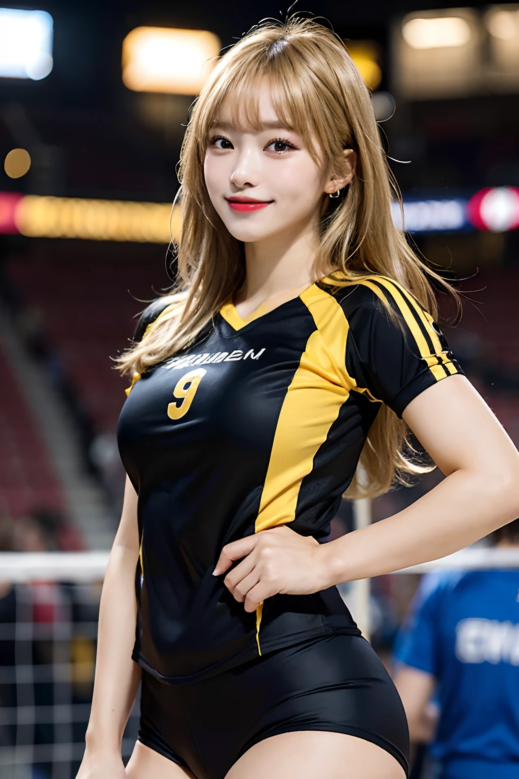 Best quality, masterpiece, ultra high res, (photorealistic: 1.4), highly detailed, professional lighting smile, Stick out the tip of the tongue. Golden-haired black woman playing volleyball, in stadium, tight suit