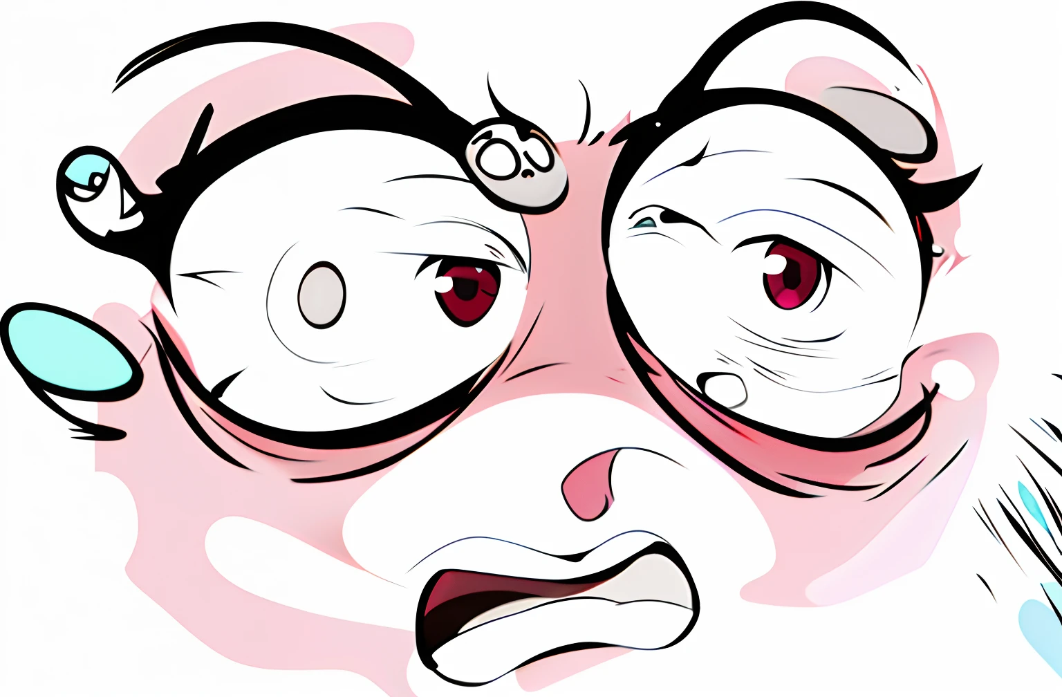 Cartoon image of a woman with pink nose and black dress, Huge surprised eyes, ahegao face, Eyes widened in shock, face!!!! close - up, looks surprised, Scared face, shocked expression, cynical face, highly_Detailed_face!!!, squinty eyes, scared expression, horrified look in his eyes, large anime eyes