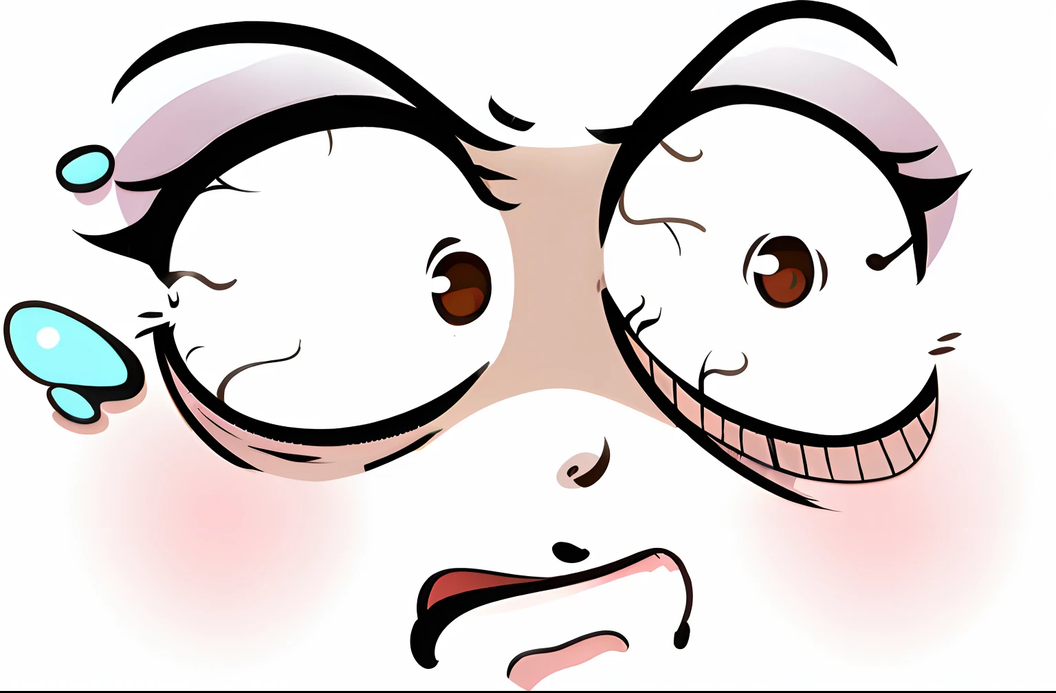 Cartoon image of a woman with pink nose and black dress, Huge surprised eyes, ahegao face, Eyes wide in shock, face!!!! close - up, looks surprised, Scared face, shocked expression, cynical face, highly_Detailed_face!!!, squinty eyes, scared expression, horrified look in his eyes, large anime eyes