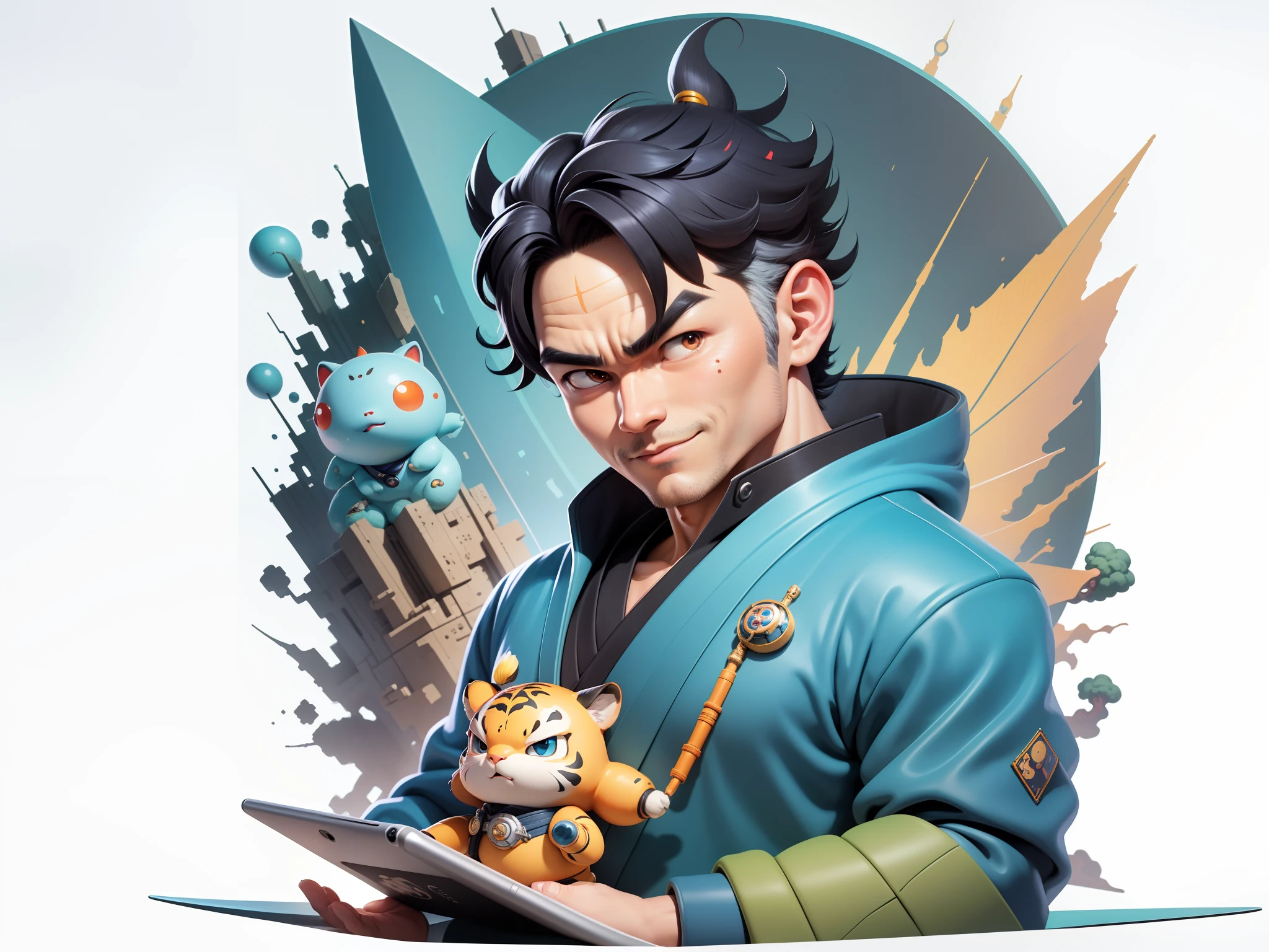 (Masterpiece), (Excellent), (Super Meticulous), (Full Body: 1.2), Super Young Man, Oriental Face, Japanese Kimono, Japanese Wind Thunder God, Dragon, Tiger, TV Anchor, Bust Portrait Illustration, Alone, Black Suit, Blue Tie, Slightly Chubby Face, Very Clean Face, No Beard, Black Super Short Hair, Black Eyes, Confident Smile, 3c Computer Sub-Products, iPad, iPhone, Digital Painting, 3D Character Design by Akira Toriyama and Mark Claireden and Pixar and Hayao Miyazaki, The illustration is a high-definition illustration in 4K resolution with very detailed facial features and cartoon-style visuals.